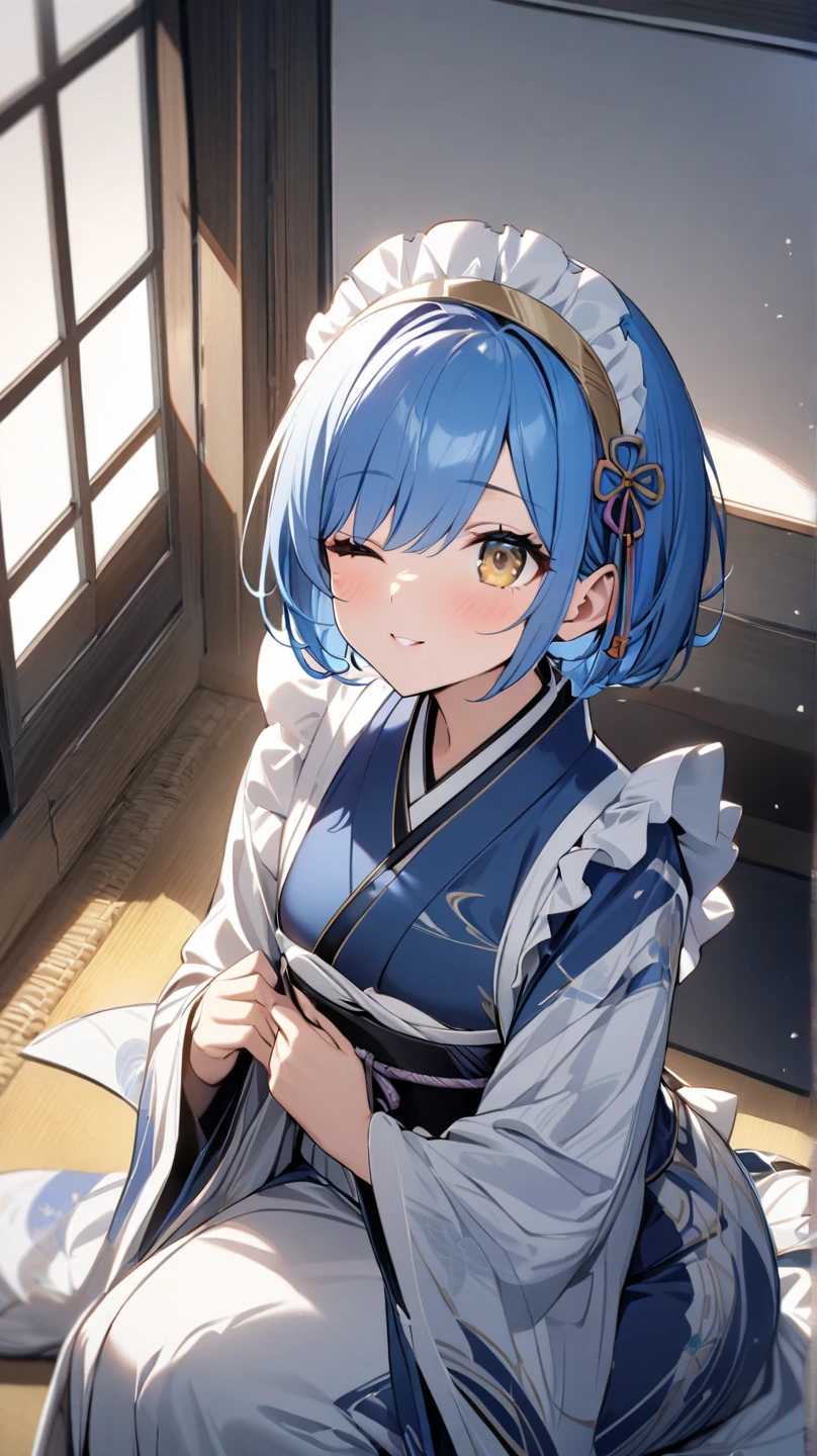 1 girl, , turn your gaze ,, smiles、 top quality, blue hair, chest, Gold eyes , color々Sexy shot、 short bob cut、Hide one eye、one eye closed、Rizero 、REM、Young girl、Maid、 cute、look up, CuteRem 、I'm staring at you、The wind blows softly、Looking up、Wake Up Kiss 、 squats、 simple background, 1 girl, turn your gaze ,A gentle gaze、A woman in a beautiful kimono 、 in a cute kimono 、Long-sleeved kimono、Beautiful kimono、 New Year