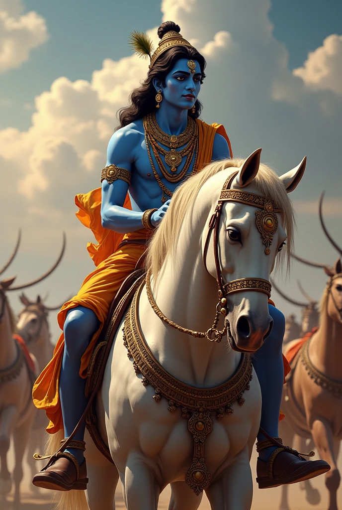 God krishna got angry with big soldiers
And he has a arrow on his right hand ,his background in moon ,Moody glow effect, and some horse are running front oh him