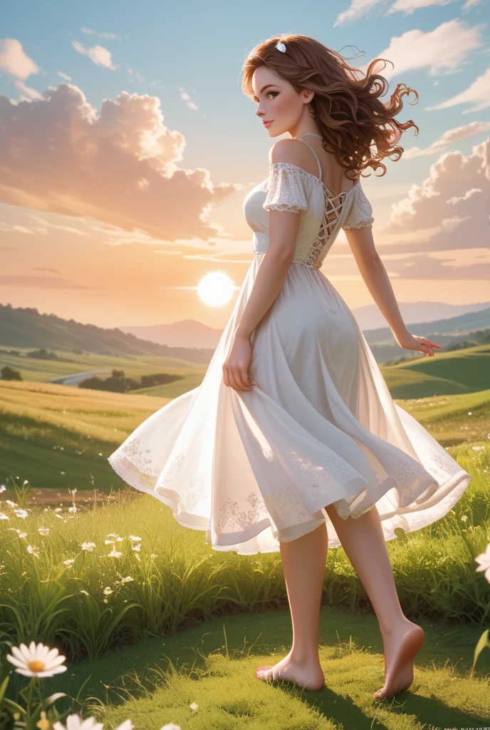 A beautiful scene of a young girl standing on the edge of a grassy hill during a vibrant sunset. The sky is filled with shades of orange, pink, and purple, with the sun setting just above the horizon. The girl, around , has long, wavy brown hair and is wearing a simple white dress that lightly flows with the breeze. She’s barefoot, with her toes gently touching the soft grass. Her face is turned slightly upwards, gazing at the sunset with a peaceful and content expression. The golden light of the setting sun casts a warm glow on her, creating a serene and magical atmosphere.