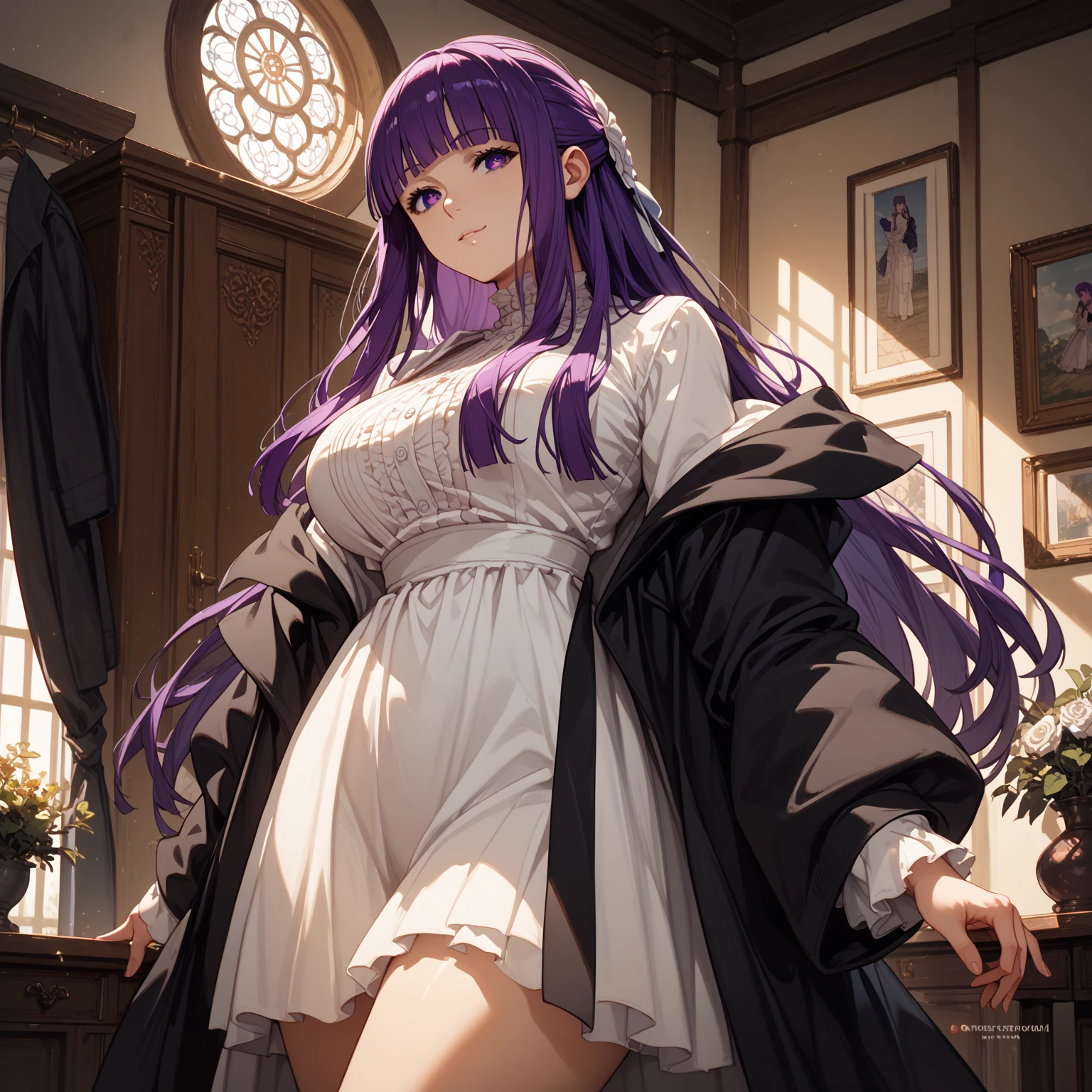 (best quality, masterpiece),Sexy, erotic, 1 girl, 18 years old, despise, pride, long purple hair, ((purple eyes)), white skirt, looking at the audience, Medieval tavern, (close up), ((darkroom)), Sweat, candlelight, ((blush)), Off the shoulders, split, floor