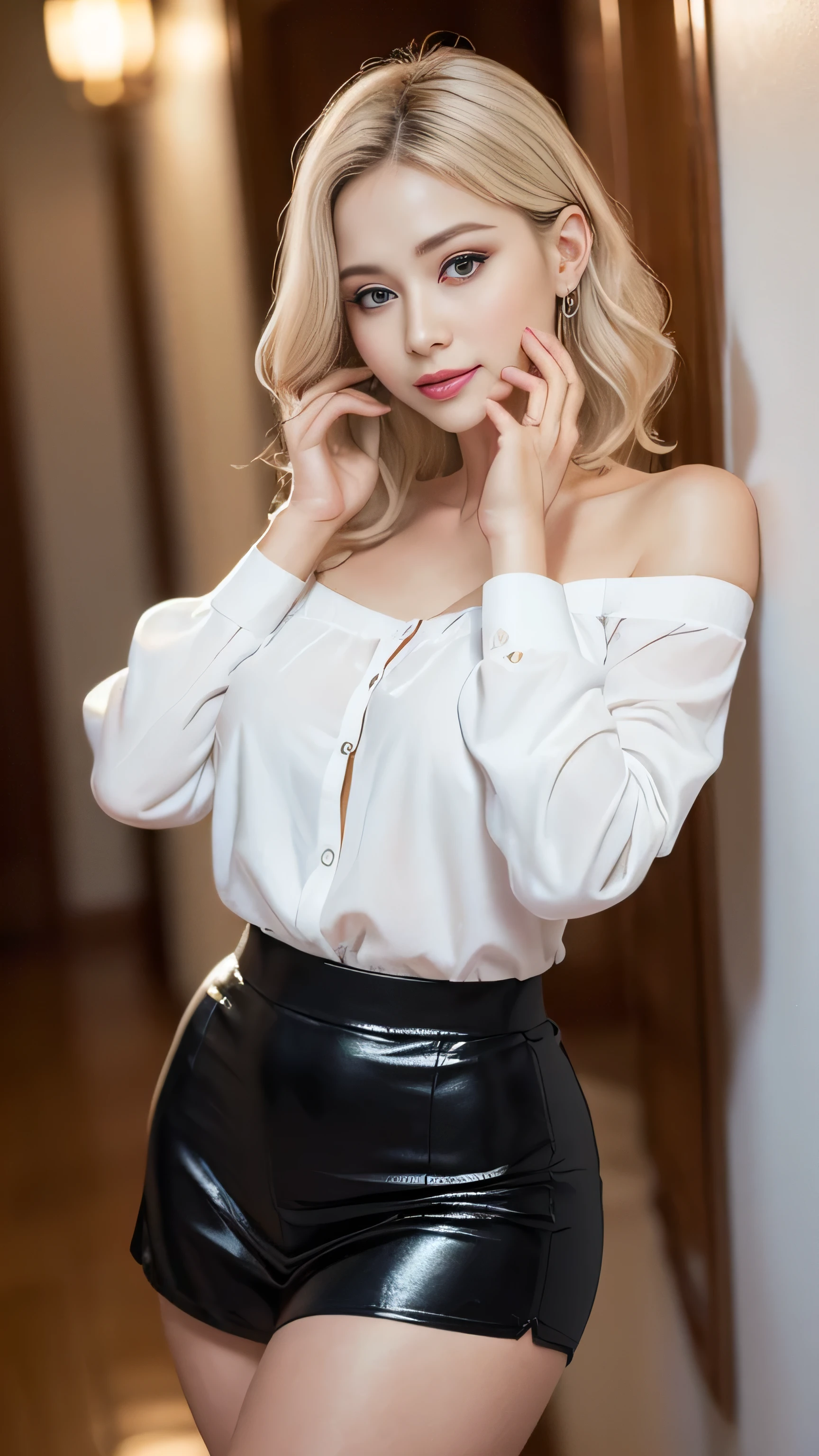 22 year old white female、hair color is blonde、blue eyes、long hair、The ends of the hair are wavy、Her hair is cut into a bob with fringe.、accessories on wrist、wearing a necklace、has earrings、skin is smooth、ruddy、Slender but muscular body、smile、high resolution、She wears a high-neck/halter-neck top inside her jacket.、I'm wearing a mini-length pleated skirt、I'm punching my chest、wearing black stockings、wearing high heels、I'm in front of a wall of mirrors、erotic look
