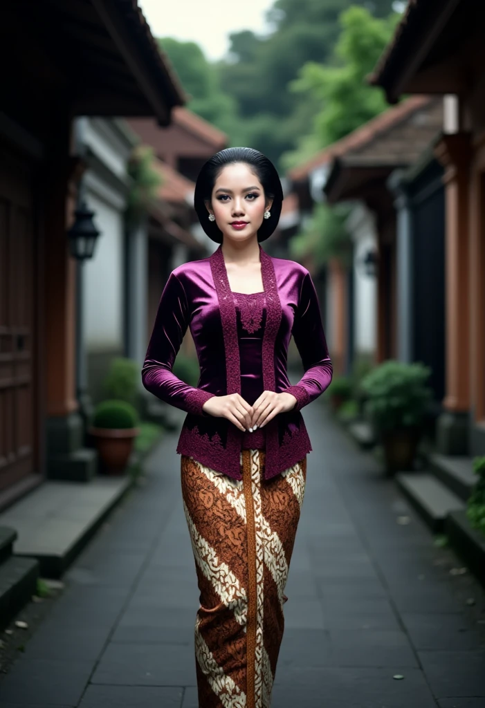 a beautiful young beautiful woman walks elegantly in a traditional Javanese village setting. She is wearing an intricate dark purple glossy satin kebaya with lace embroidery patterns along the front and sleeves, paired with a traditional brown and cream batik thigh skirt with complex floral and geometric designs. Her hair is styled in a neat and polished low bun with a center part, and she has a calm, confident expression with makeup featuring bold red lips and perfectly defined eyebrows. She is wearing elegant silver or pearl earrings. The background consists of a narrow alleyway in a traditional Javanese village, with wooden and concrete buildings, greenery, and soft natural lighting, creating a serene and cultural atmosphere. The overall image has realistic detailing, soft shadows, and vibrant color contrast.