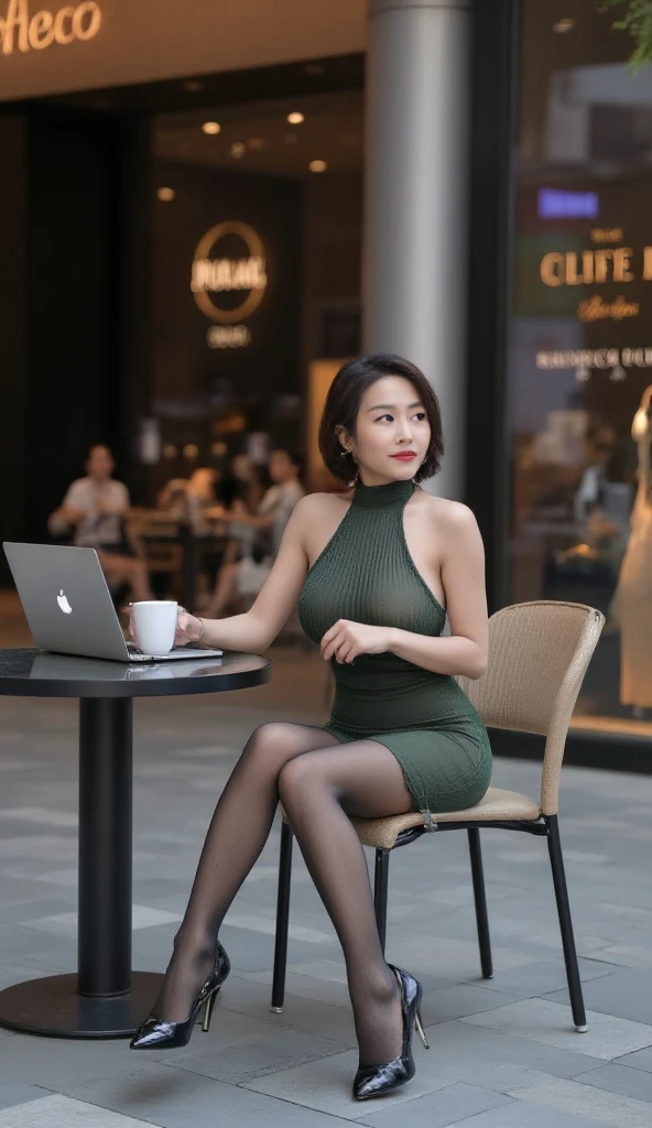 Character: 1girl,office lady,young beauty,short hair,asian,pretty,slim legs,sitting,legs_together,looking away. Clothing: halter dress, black shiny pantyhose, necklace,high heels. Scene: cafe,outdoors,cup,laptop. Atmosphere: cinematic_angle,from below,full body,bright,masterpiece,realistic,best quality,highly detailed,highres,plns,cem,Tutu Aurora 8D Pantyhose