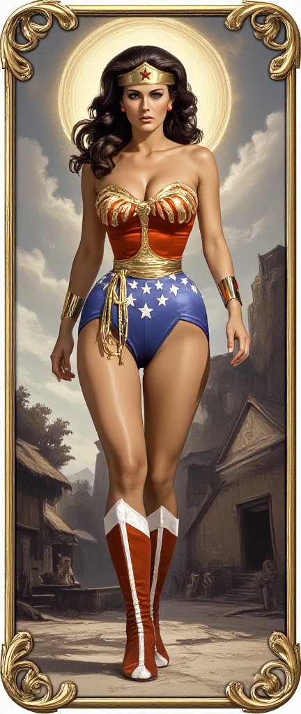 ( Best Illustration:1.2), (  masterpiece:1.2 ), (    super detailed ), 8K, 16K,  wallpaper,(  Fantasy:2.0) ,Wonder Woman, Almost naked ,  Random Pose,  Science Fiction   ,  Graphic novels  , MTG Style ,  screen designed as Tarot Theme No.8. VIII （ Power Stable ）- Power （La Force，Domination） - The stable ，