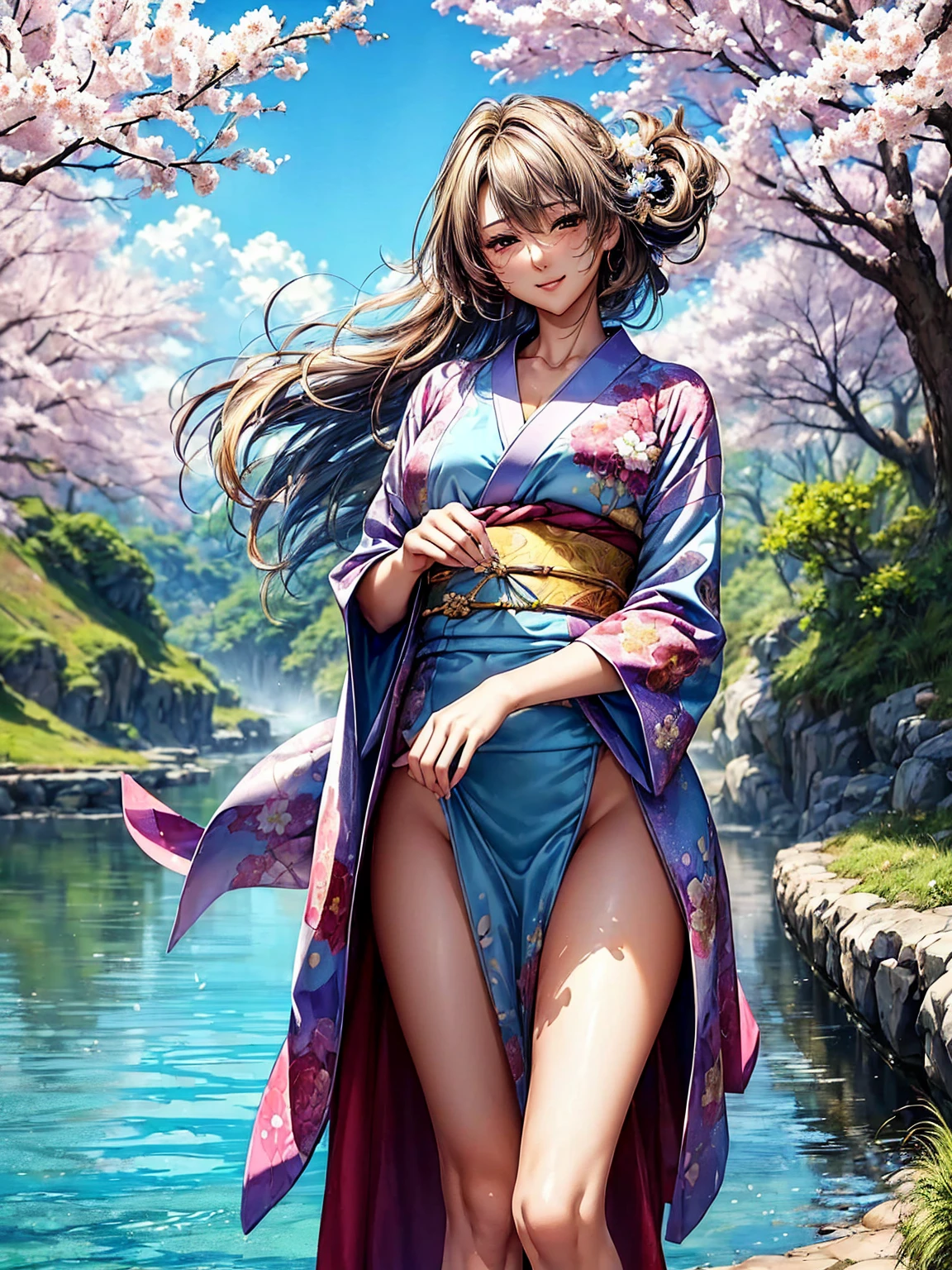 ((( top quality)))、((('s greatest masterpiece)))、Beauty Painting、 8k 、 ultra high quality、1 Female: perfect anatomy, Age 20、  beautiful body、  beautiful breasts、  beautiful faces:smile、 best skin and hair texture  、((Beautiful patterned and colored kimonos:The multi-colored ))、The skin is exposed from the kimono 、 chest is visible、Beautiful fountain:Cherry blossom trees、(( the wind is blowing :1.5))、 natural light、 high resolution images、 full picture、