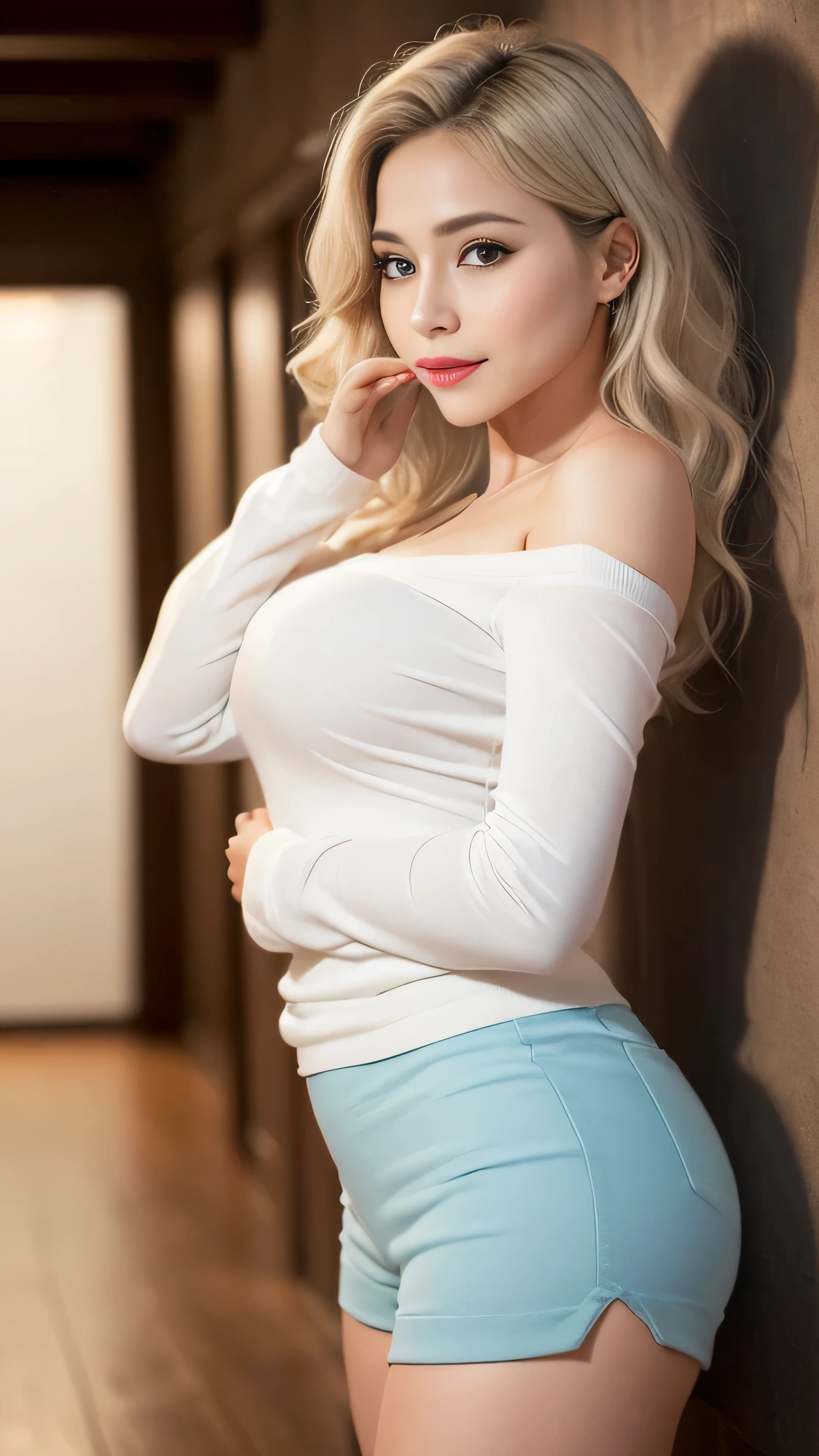 22 year old white female、hair color is blonde、eye color is blue、long hair、Tying up your hair、accessories on wrist、I'm wearing a choker、skin is smooth、smile、Slender but muscular body、My heart is pounding、high resolution、She is wearing a one-shoulder lace top.、I'm wearing pants、I'm wearing pumps、In front of Horizont in the photo studio、Flowers are arranged in a vase on a narrow medieval table.