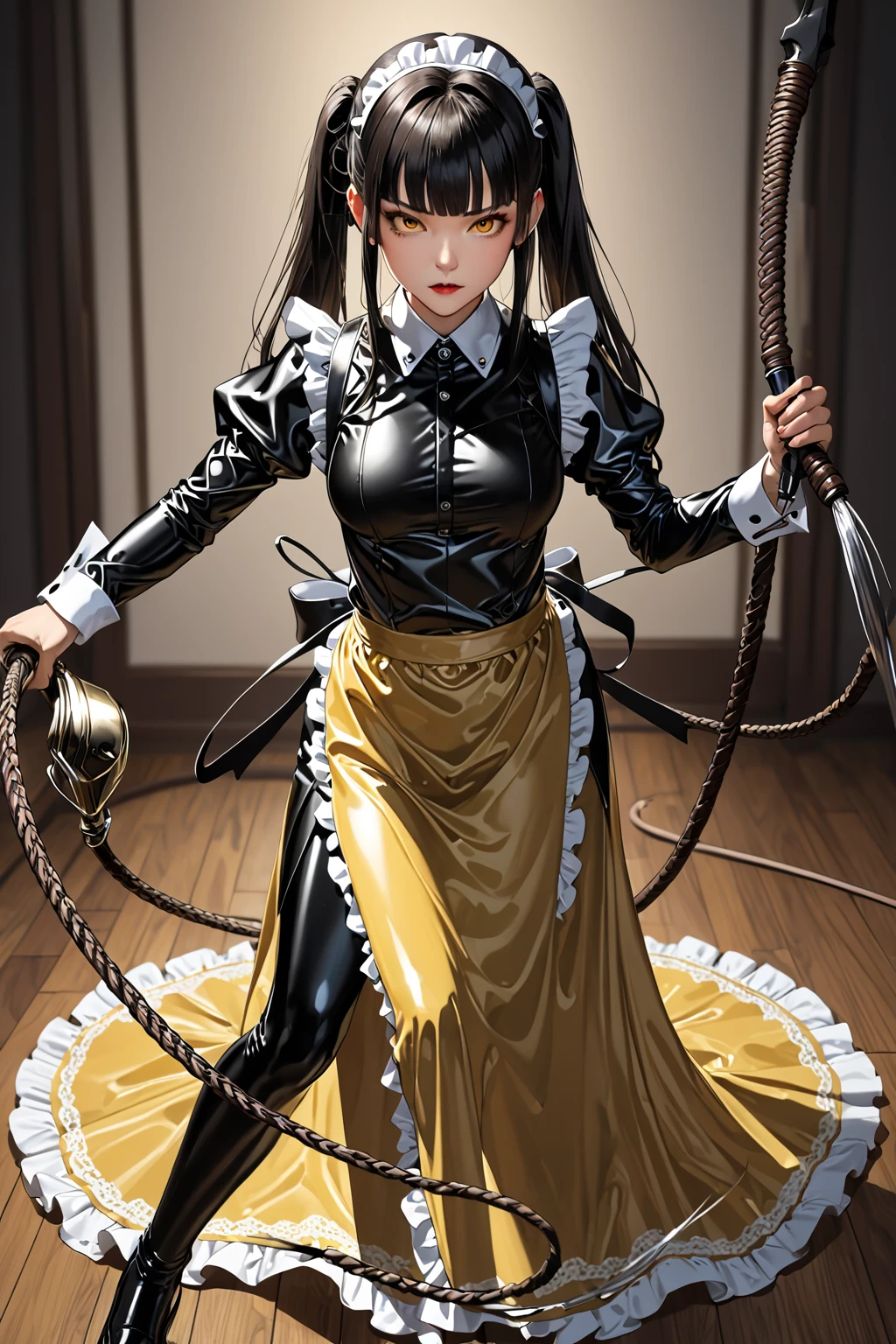  High-quality image ,4K,  masterpiece fails,Asian,(( evil)), Hair gathered in two ponytails from the bottom of the head,straight bangs to eyebrows ,( Dressed in a black latex maid suit ),:: ( long sleeve shirt :  fully covers the neck , floor-length skirt , yellow lace apron , maid headband  : black)) One,  holds a weapon , whip ping,  cutting , whip, fighting stance,((( whipping:1.2,  motion blur ,  lines of motion ))),  arms outstretched , doyagao ,  входящий vertical whip , incoming horizontal whip  