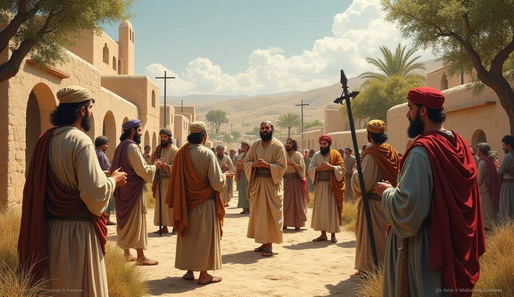 Ten lepers standing at a distance, calling out to Jesus for healing.
