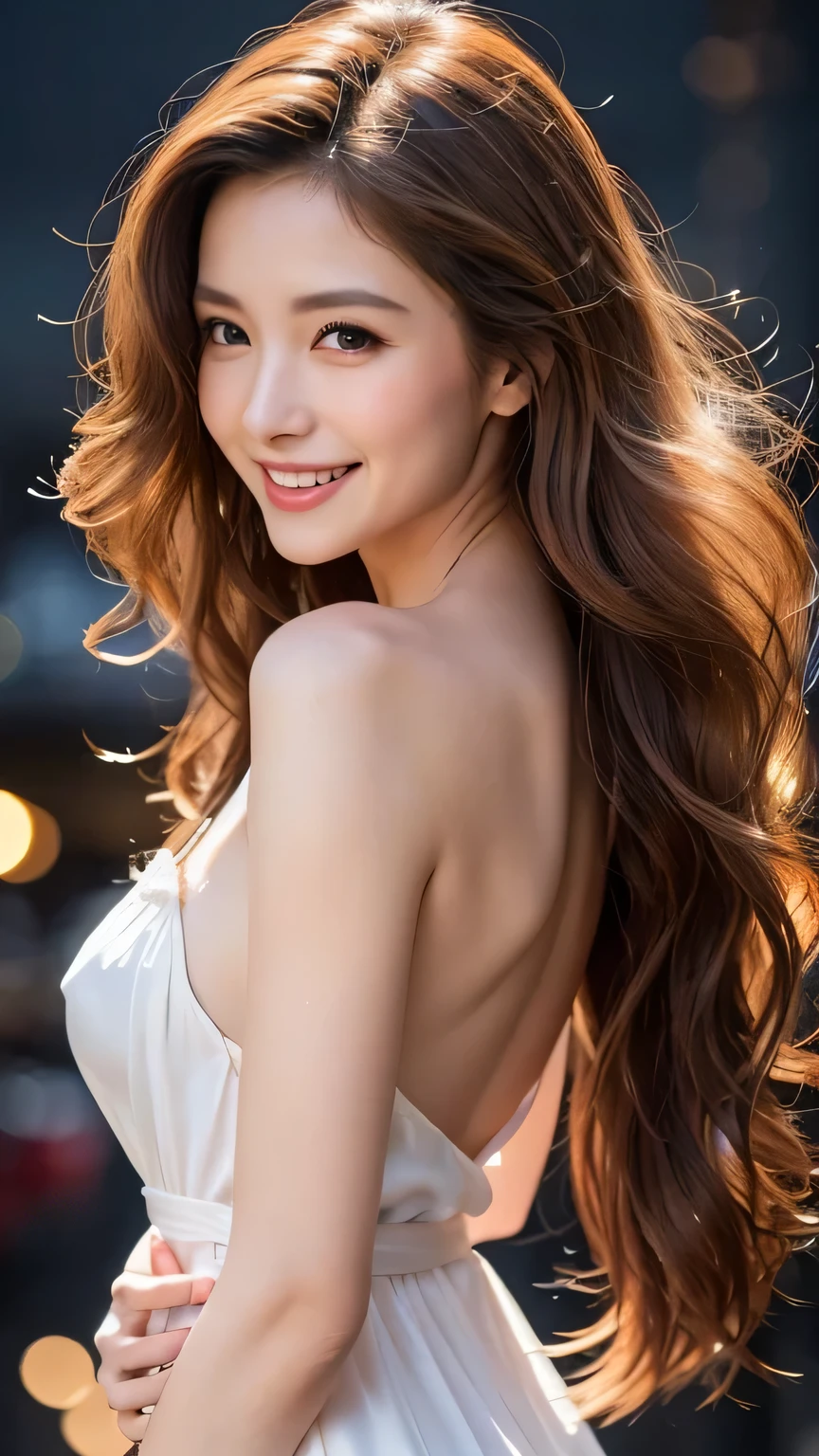 very detailed, Masterpiece , top quality, (( photorealistic:1.2)), (( Perfect Skinny Body :1.2))、Super skinny 30-year-old Korean woman, detailed face , beautiful detailed eyes 、(( Completely-valid)) 、(()), ( slim, toned and beautiful body:1.3)、((light brown hair 、 Disheveled Wavy Long Hair:1.1、 commemorative photos)), graceful and sophisticated 、goddess、(( waist to head ))、((Silk Shiny Pure White Nightgown ))、((dark slum background ))、(( Fresh Smile :1.2))、(( Professional Cool Lighting))、 、 from side