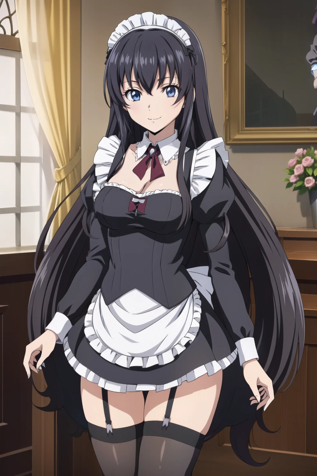 1 girl, cute, black hair, long hair,  hair band, (posing),  (smile), (Gothic coffee shop), thigh highs, white_leg wear, garter_straps, ((maid)) ((maid)), (anime cels style, Masterpiece, best quality, high resolution, anime colored, anime style, anime key visual, sharp, 8k), beautiful blue eyes