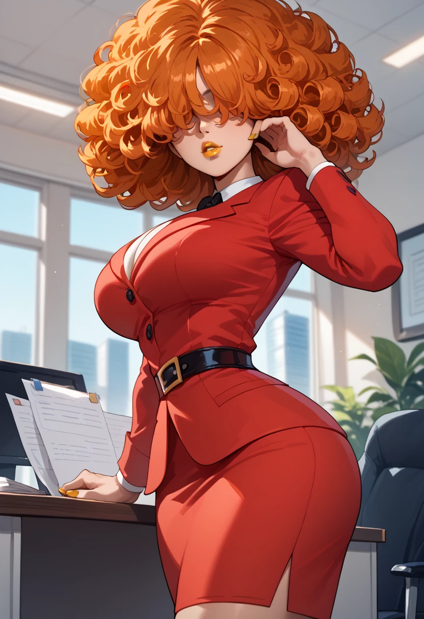 woman, big breasts, yellow lipstick, anime style, orange hair, white skin, red suit, office, hair covering eyes, big hair, curly hair, Sarah Bello, Powerpuff Girls 