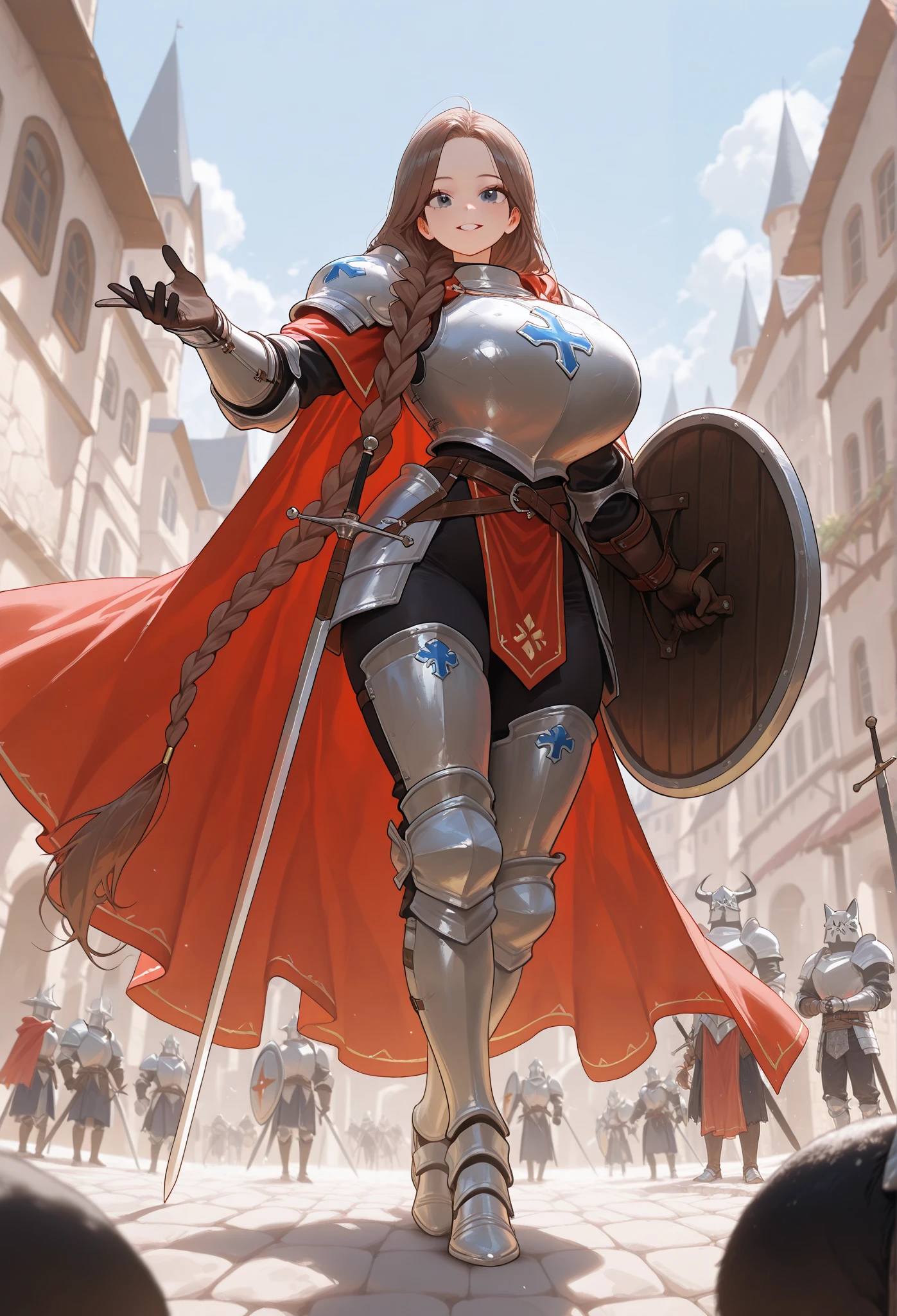 (걸작, 고해상도, 2k 해상도, 매우 상세한), 정면, (1여자, 완벽한 얼굴), humongous breasts, huge breast, (brown hair, long twist braid), dark blue eyes, fantasy medieval city, 홑꺼풀, 거대한 가슴, monolid, front view, beautiful girl, stand up, fantasy character, fantasy full plate armor, wearing sword and shield, red cloak, full body shot