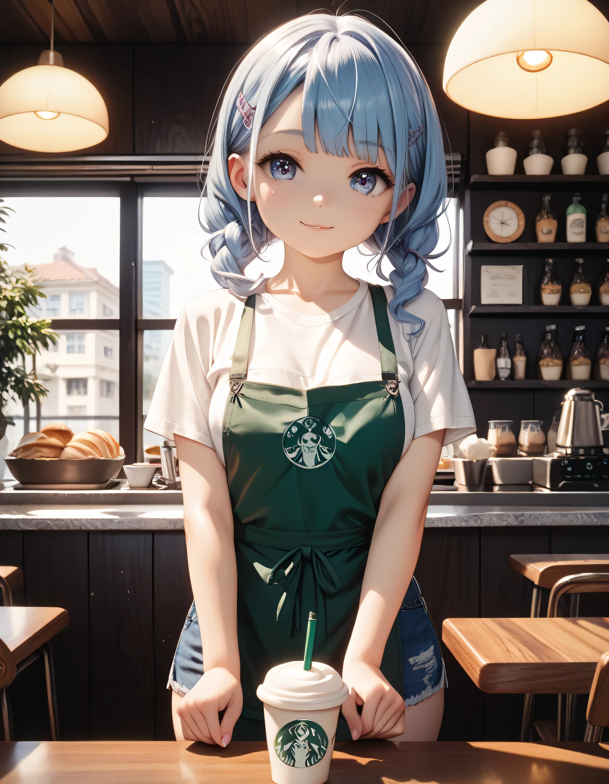 Solo, Anime style, extremely detailed, Young pale white small Girl with gradient blue hair, flirting, at night, barista, cafeteria, tiny thin clothes, lively eyes, detailed face, short, small frame, elegant, delicate, cute,  giant boobs, huge boobs, round boobs, perfect well defined muscular thin body, detailed, hd, 4k, perfect face, detailed anatomy, detailed sex, perfect body, full body, thigh gap