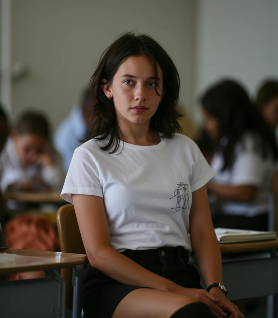 woman,free hair,realistic, looking at the camera, 18 years old,  masterpiece, best quality, illustration, super detailed, Fine details, alta resolución, 8K,, Perfect dynamic composition ,(Details High quality, Realistic representation of the eyes :1.3), ( white school shirt :1.2), mini skirt, tall black stockings, long hair, curly hair, school,Big Breasts , black hair color , large lips in natural color , ( perfect body shape ), 20 year old girl、cute girl、Beautiful legs , gravure idol , ((cleavage)), (( busty )), (( big tits)), pretty face, beautiful face , full body, pose sexy, beautiful nose, sexy, hot, bed, sitting on chair, Desk, ((Desks)), ((Classroom)), ((students)), ((((crowd)))), , hoop earrings, ((thick thighs)), (wide hips), whore, final, hooker, Thot, Instagram , Schoolgirl, school uniform, (((night))), Dark,  (freckles), (((midriff))), short, short stature, short height, sexy pose, provocative, 
