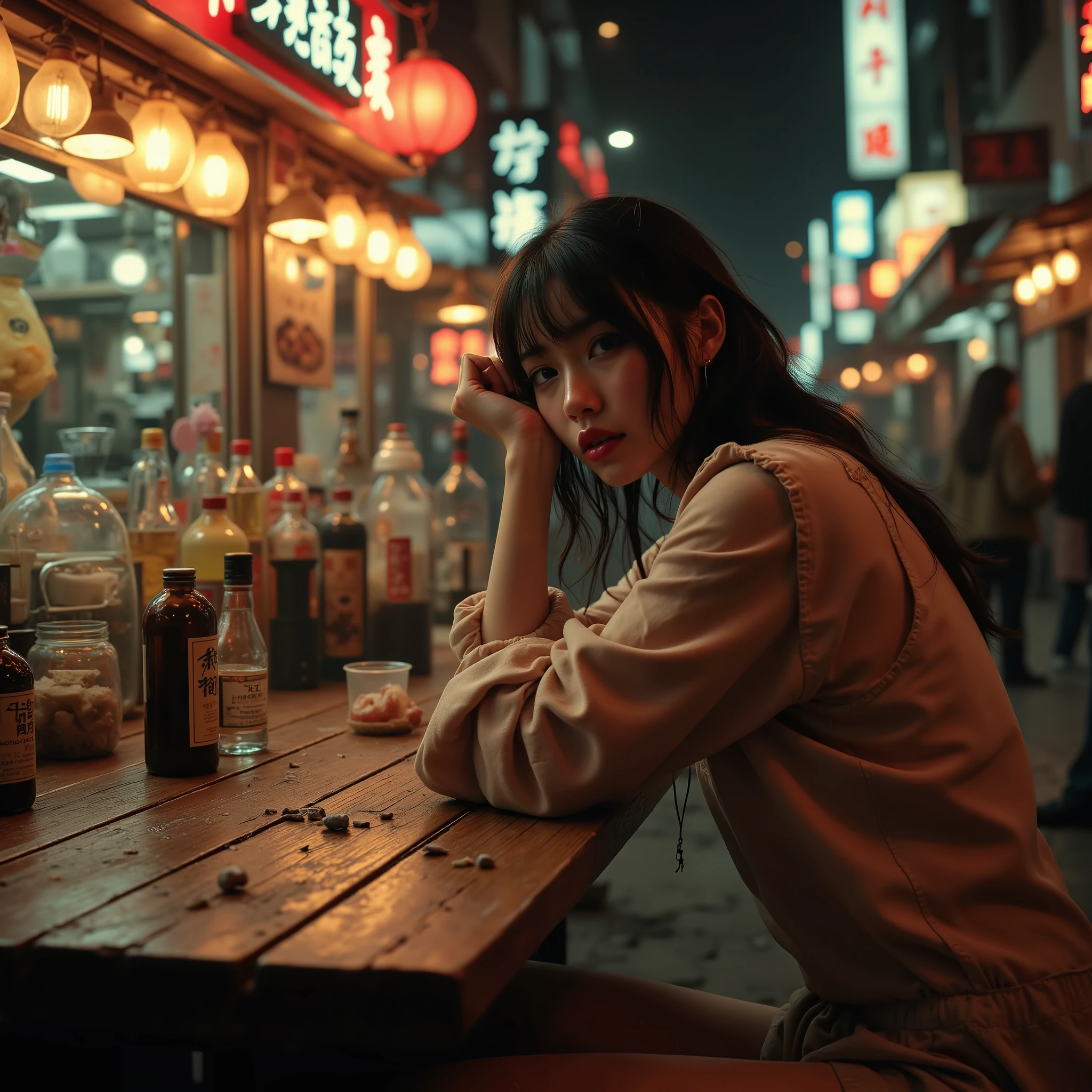 1young man\(scar on cheek,intense expression,aidmafluxpro1.1, resting her head on a wooden table, holding a cocktail cone in one hand and an vodka glass in the other hand, messy posture,dangerous aura\), background\((china Street Food Stall),The sign on the shop reads "don't want to work",Lively night cityscape, bright light from street lamps \),warm and rich tones, intricate details, dramatic lighting,humorous and casual atmosphere, realistic photo style,high-quality, detailed