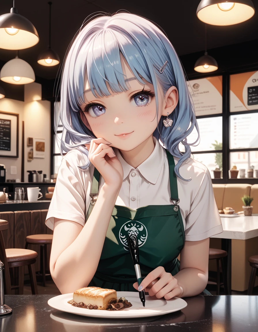 Solo, Anime style, extremely detailed, Young pale white small Girl with gradient blue hair, flirting, at night, barista, cafeteria, cleaning up a table, tiny thin clothes, lively eyes, detailed face, short, small frame, elegant, delicate, cute,  giant boobs, huge boobs, round boobs, perfect well defined muscular thin body, detailed, hd, 4k, perfect face, detailed anatomy, detailed sex, perfect body, full body, thigh gap