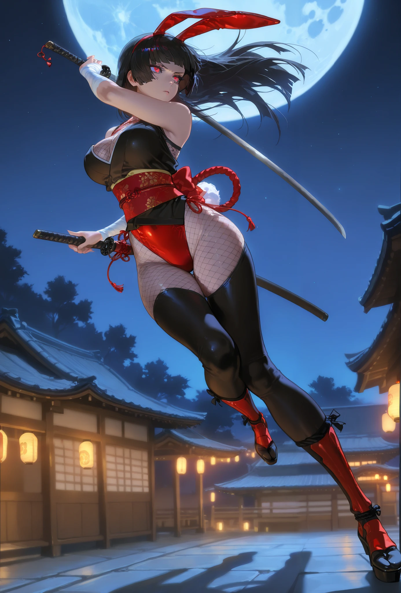 masterpiece), best quality, newest, highres, absurdres, ultra detail, extremely detailed, official art, rich colors, sharp contrast, detailed shading, perfect anatomy, good hands, solo, 1girl,large breasts,red eyes, (kunoichi), bare shoulder, sleeve less, thighs, thighhighs, japanese clothes, kimono, sash, bandages, obi, fishnets, ninja, black kimono,(bunnysuit,red leotard), confident,dominant, serious, sharp eyes, large breasts, big thighs, fishnet pantyhose,real bunny ears ,real bunny tail,sheathed katana,weilding fire katana,hime cut,black hair expressive pose, full body , closeup, dynamic view, dynamic action,from behind, old japanese village, night, moon