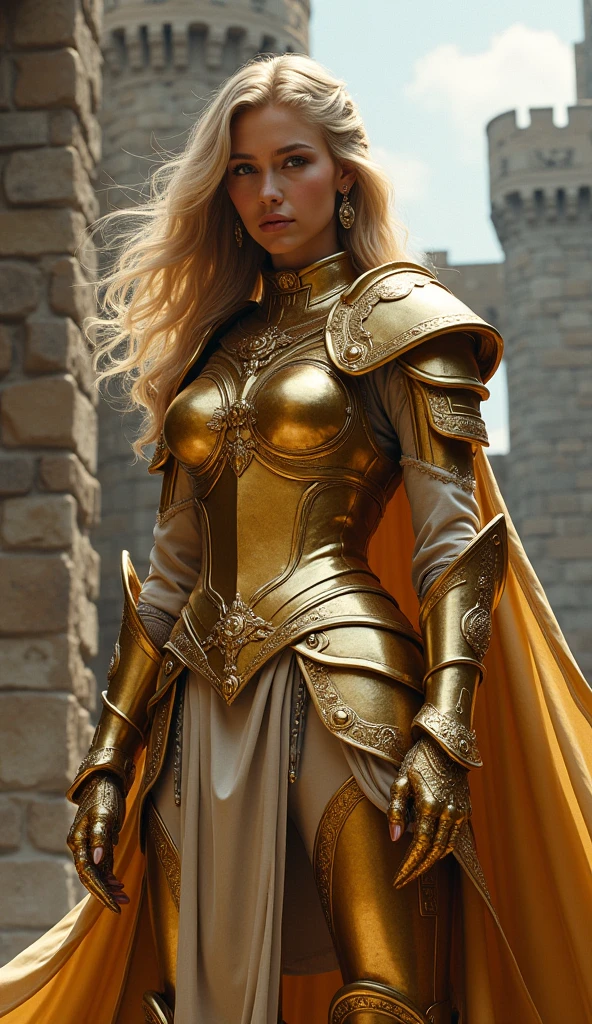 Best quality, high resolution, Hyper realistic, 1 girl warrior queen wearing heavy knight armor, a detailed beautiful face, long blonde wavy hair, Smiling, sword, luxurious detailed armor with gold accents,