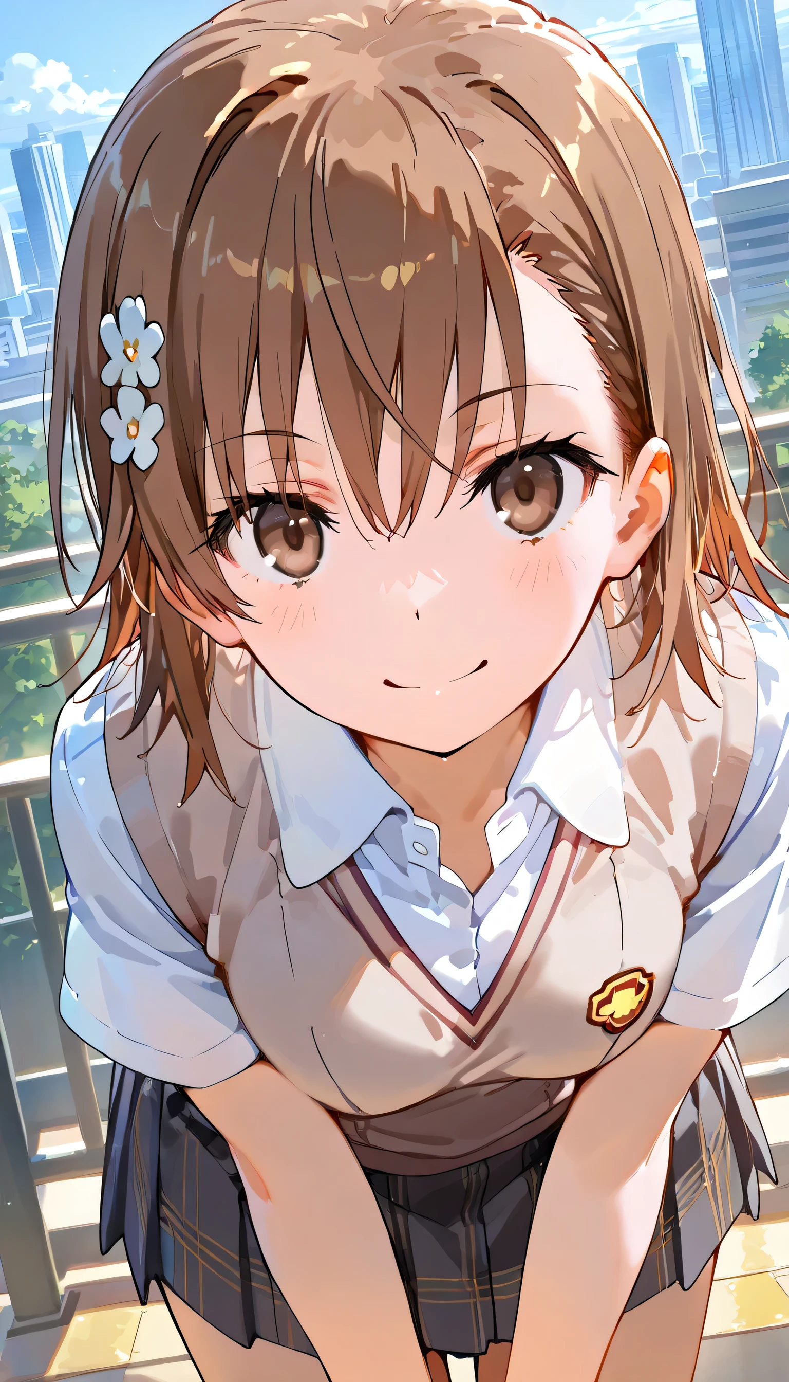 upper body,close up face,from front, looking viewer,cowboy shot, dutch angle,

outdoors, cityscape,

(masterpiece:1.2, Best Quality), 1girl,

beauty, glossy lips, Rouge,

happy smile,bent over

,mikoto misaka, short hair, brown hair, hair ornament, hair flower, brown eyes,
skirt, shirt, school uniform, white shirt, short sleeves, pleated skirt, grey skirt, sweater vest, tokiwadai school uniform,
