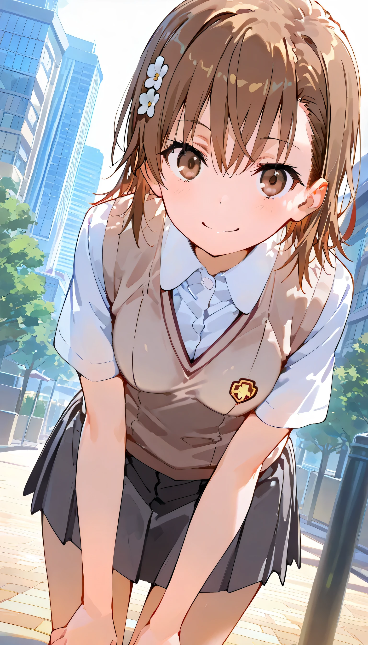 upper body,close up face,from front, looking viewer,cowboy shot, dutch angle,
outdoors, cityscape,
(masterpiece:1.2, Best Quality), 1girl,
beauty, glossy lips, Rouge,
happy smile,bent over
,mikoto misaka, short hair, brown hair, hair ornament, hair flower, brown eyes,
skirt, shirt, school uniform, white shirt, short sleeves, pleated skirt, grey skirt, sweater vest, tokiwadai school uniform,