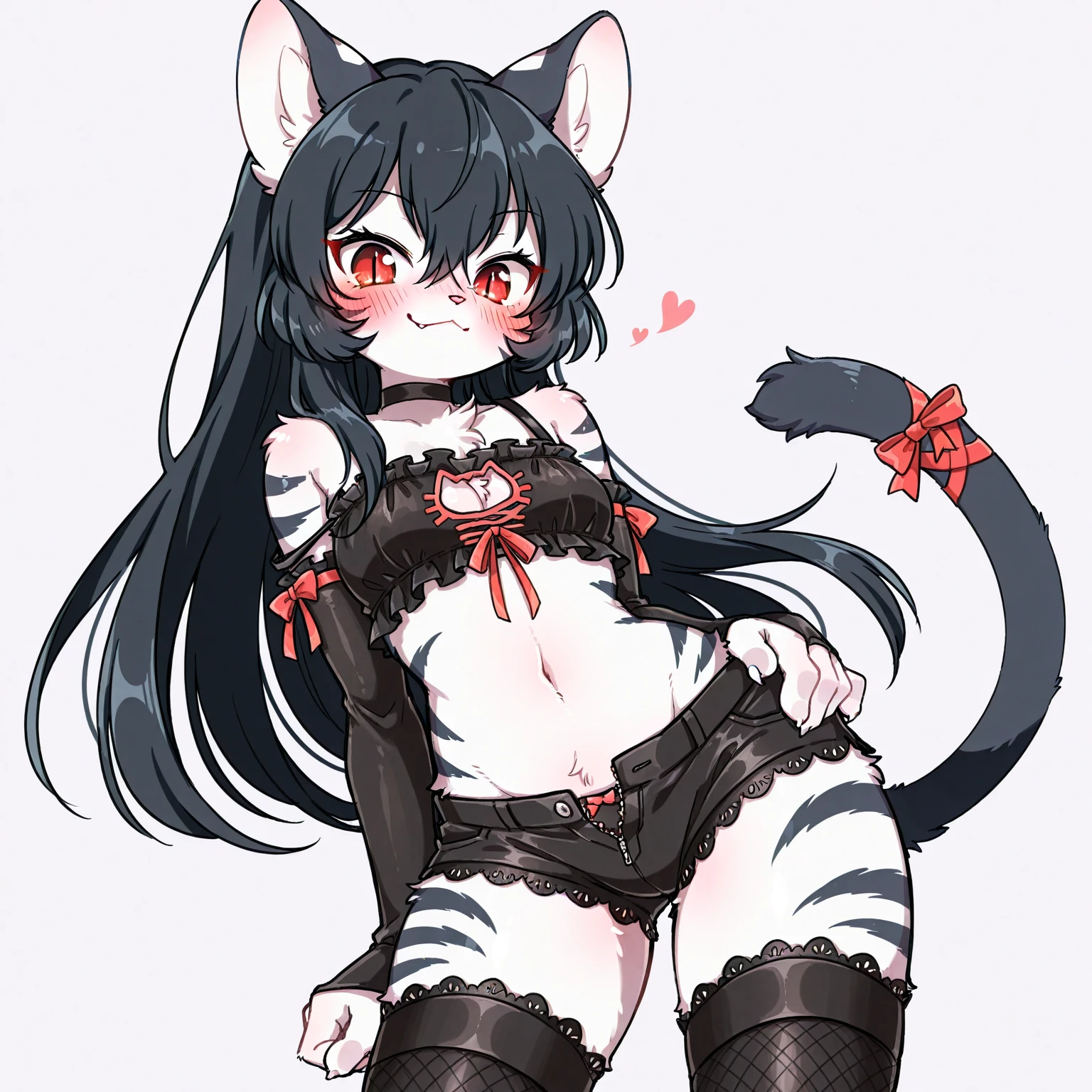 1girl, cerberus \(kemono friends\), black hair, glowing hair, blue eyes, dog ears, tail, breasts, tube top, shorts, collar, fingerless gloves, elbow gloves, shorts, pantyhose, standing, looking at viewer, smile, hand on hip <lora:cerberus-e6:1>