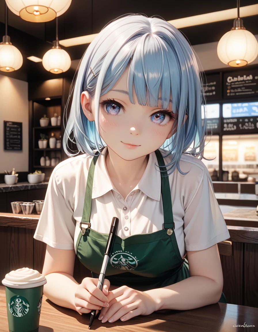 Solo, Anime style, extremely detailed, Young pale white small Girl with gradient blue hair, flirting, at night, barista, cafeteria, cleaning up a table, tiny thin clothes, lively eyes, detailed face, short, small frame, elegant, delicate, cute, giant boobs, huge boobs, round boobs, perfect well defined muscular thin body, detailed, hd, 4k, perfect face, detailed anatomy, detailed sex, perfect body, full body, thigh gap