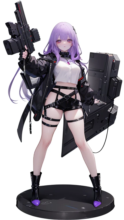 Girl with purple hair,long hair,body Harness,belt,boots,high heels boots,simple white background,smile,whole body,full body,standing position,Futuristic clothing