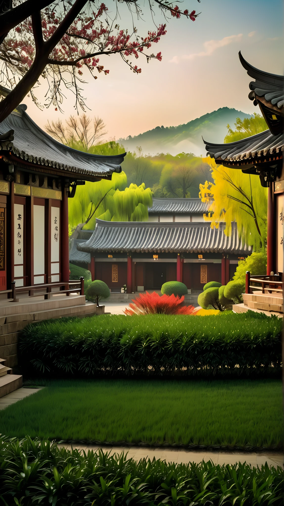 Extremely long-distance lens, highest quality、masterpiece、超High resolution、RAW Photos, super detail, 8k.Hgraphic elements, Dynamic Light, Cinematics, HDR, UHD.
PHOTOGRAPH OF " Create an intricately detailed artwork set in the Ming dynasty that visually captures the essence of early spring after rain, inspired by Huang Zuo's poem "I have a feeling for the Little Winter Festival." The scene should feature a tranquil village landscape with traditional Ming architecture, showcasing elegantly curved rooflines and wooden structures adorned with intricate carvings.
In the foreground, depict blooming wild plum trees with delicate pink and white flowers, their branches gently swaying in the breeze. Surround the trees with vibrant, colorful wildflowers, creating a lively atmosphere that signifies the arrival of spring. Include scholars in traditional Ming clothing, engaging in quiet conversation or reflecting on the beauty of nature.
In the background, show green trees providing shade to modest thatched houses, symbolizing nurturance and life within the community. Sunlight should filter through the leaves, casting dappled patterns on the ground, while a window in one of the homes reveals the warm glow of light and soft smoke curling up from a hearth, suggesting warmth within against the chill of early spring.
Include subtle hints of nature awakening, such as the suggestion of a light storm cloud or distant rumbling thunder, evoking imagery of hidden dragons and snakes stirring as they emerge from slumber. The overall scene should evoke a sense of harmony between nature and human life, capturing the beauty, tranquility, and philosophical reflections on renewal and growth that are characteristic of the Ming dynasty.”