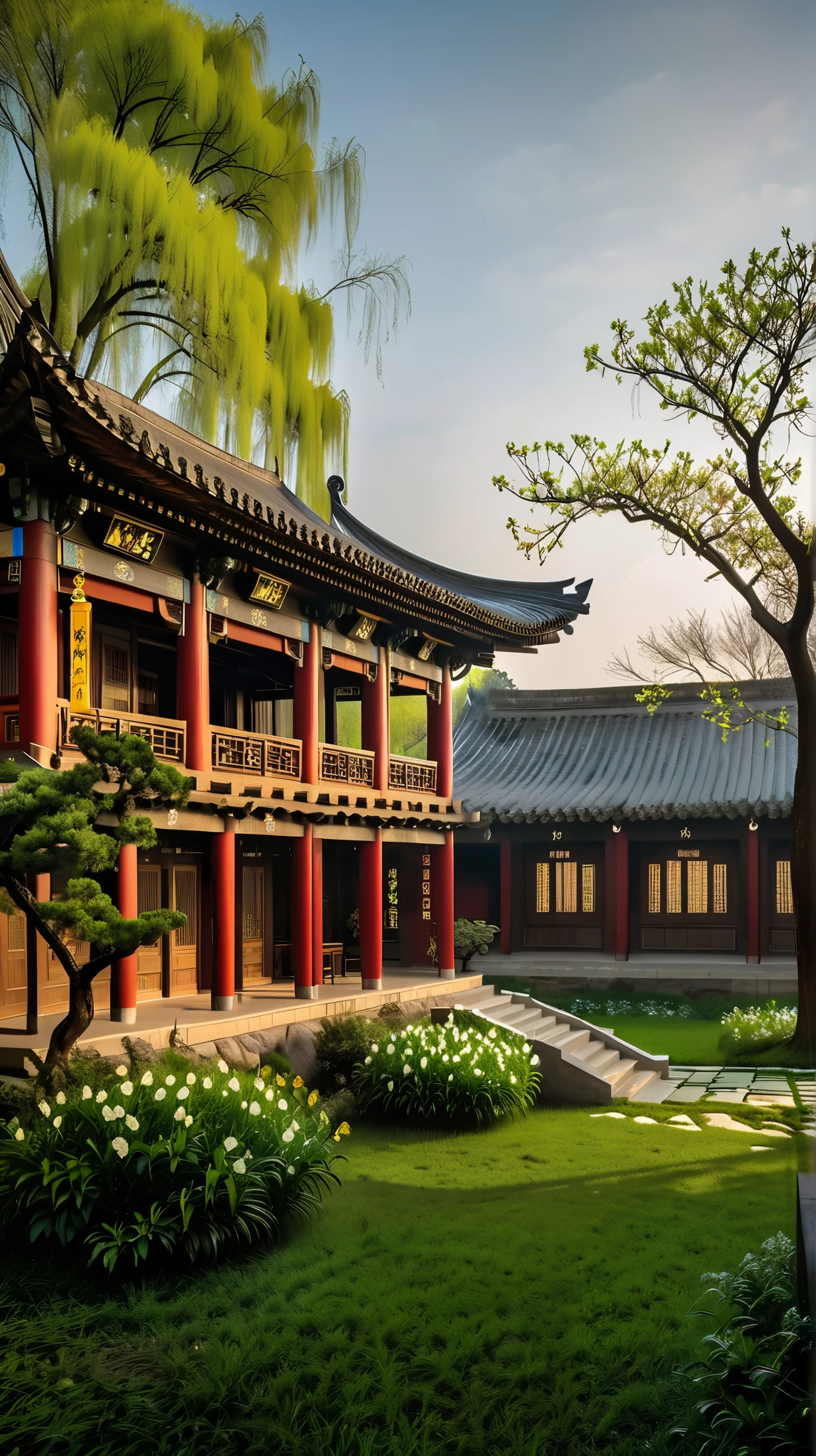Extremely long-distance lens, highest quality、masterpiece、超High resolution、RAW Photos, super detail, 8k.Hgraphic elements, Dynamic Light, Cinematics, HDR, UHD.
PHOTOGRAPH OF " Create an intricately detailed artwork set in the Ming dynasty that visually captures the essence of early spring after rain, inspired by Huang Zuo's poem "I have a feeling for the Little Winter Festival." The scene should feature a tranquil village landscape with traditional Ming architecture, showcasing elegantly curved rooflines and wooden structures adorned with intricate carvings.
In the foreground, depict blooming wild plum trees with delicate pink and white flowers, their branches gently swaying in the breeze. Surround the trees with vibrant, colorful wildflowers, creating a lively atmosphere that signifies the arrival of spring. Include scholars in traditional Ming clothing, engaging in quiet conversation or reflecting on the beauty of nature.
In the background, show green trees providing shade to modest thatched houses, symbolizing nurturance and life within the community. Sunlight should filter through the leaves, casting dappled patterns on the ground, while a window in one of the homes reveals the warm glow of light and soft smoke curling up from a hearth, suggesting warmth within against the chill of early spring.
Include subtle hints of nature awakening, such as the suggestion of a light storm cloud or distant rumbling thunder, evoking imagery of hidden dragons and snakes stirring as they emerge from slumber. The overall scene should evoke a sense of harmony between nature and human life, capturing the beauty, tranquility, and philosophical reflections on renewal and growth that are characteristic of the Ming dynasty.”