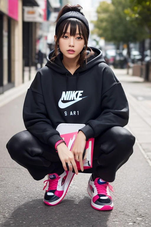 A woman dressed in black and brown clothes poses for a photograph, Wear Adidas clothes, Trending on cgstation, korean female fashion model, She wears streetwear, Trending on cgstation, Black Pink&#39;s Jisoo, Two women in techwear, Photos of women in techwear, Zia, inspired by Han Gan, Inspired by Ion Andreescu, Works that influenced Zou Yigui&#39;Dragon Ball&#39; + 「Translucent holographic projection onto the world in 2023」, Abstract, dream-like, Broken glass shards, Digital Grid Effect, Complex Environment, twist, ArtJam and Yoji Shinkawa、Painting by Kim Hyung-tae, 「It&#39;s perfectly shaded」, Cinema Lighting, Depth of written boundary, truth, Volumetric lighting, Center Shot, Dynamic pose, Post-production, Professional Color Grading