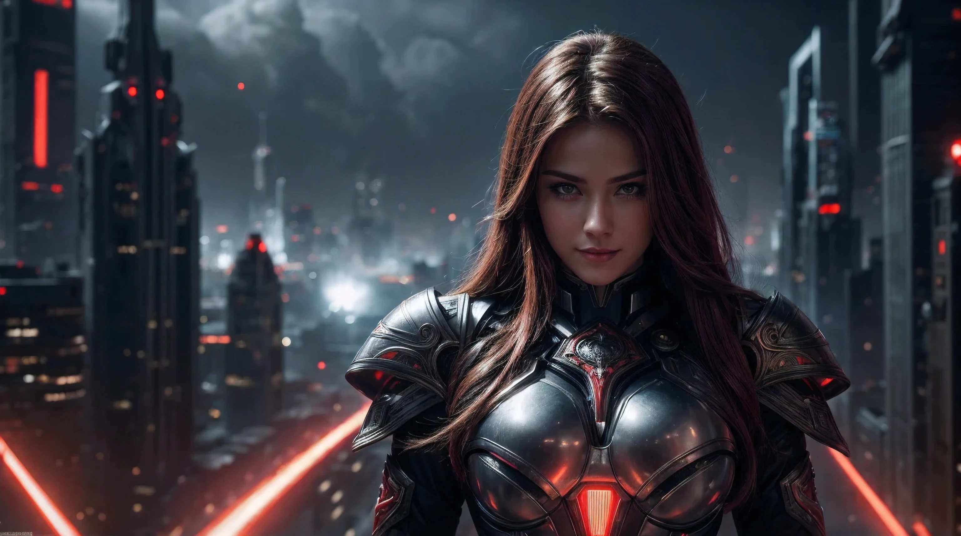 Ultra-realistic visual Dark Moody Atmosphere. The scene features a spaceship exploding in the middle of a breathtaking futuristic city skyscraper. She has long hair that transitions from white to a vibrant scarlet hue. She has a curvy figure, dressed in a mix of glossy white and scarlet segmented plate armor, ornate motif with beautiful glowing patterns sexy tiny attire showing breasts, holding a heavily modified oversized rifle, She smiled warmly, her relaxed and joyful expression capturing the moment of elation over victory in war. Rendered in ultra-realistic 8K resolution, showcasing every intricate detail of their hair, Very sharp. FE 85mm f1.8 lens.