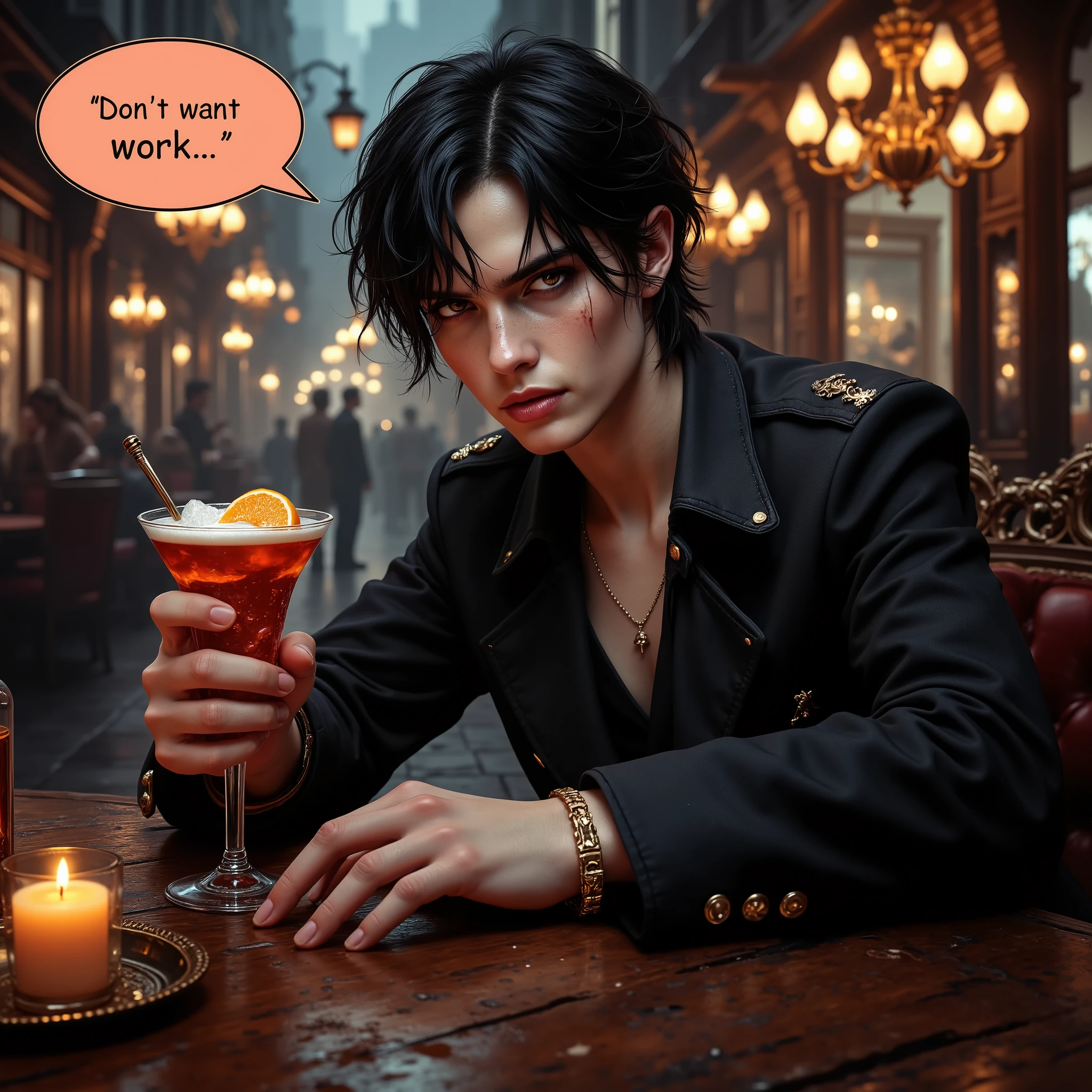 Neo-Baroque style,1young man\(scar on cheek,intense expression,aidmafluxpro1.1, resting her head on a wooden table, holding a cocktail cone in one hand and an vodka glass in the other hand, messy posture,dangerous aura\), background\(Lively night cityscape, bright light from street lamps \),speech balloon say ”don't want work… :< ”,warm and rich tones, intricate details, dramatic lighting,humorous and casual atmosphere, realistic photo style,high-quality, detailed