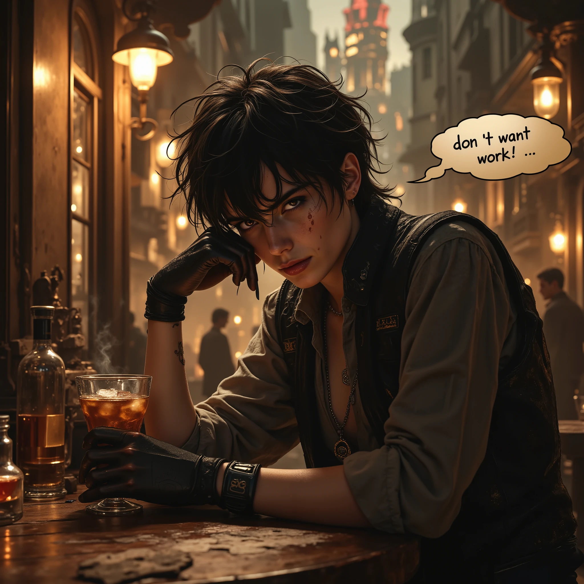 Neo-Baroque style,1young man\(scar on cheek,intense expression,aidmafluxpro1.1, resting her head on a wooden table, holding a cocktail cone in one hand and an vodka glass in the other hand, messy posture,dangerous aura\), background\(Lively night cityscape, bright light from street lamps \),speech balloon say ”don't want work… :< ”,warm and rich tones, intricate details, dramatic lighting,humorous and casual atmosphere, realistic photo style,high-quality, detailed