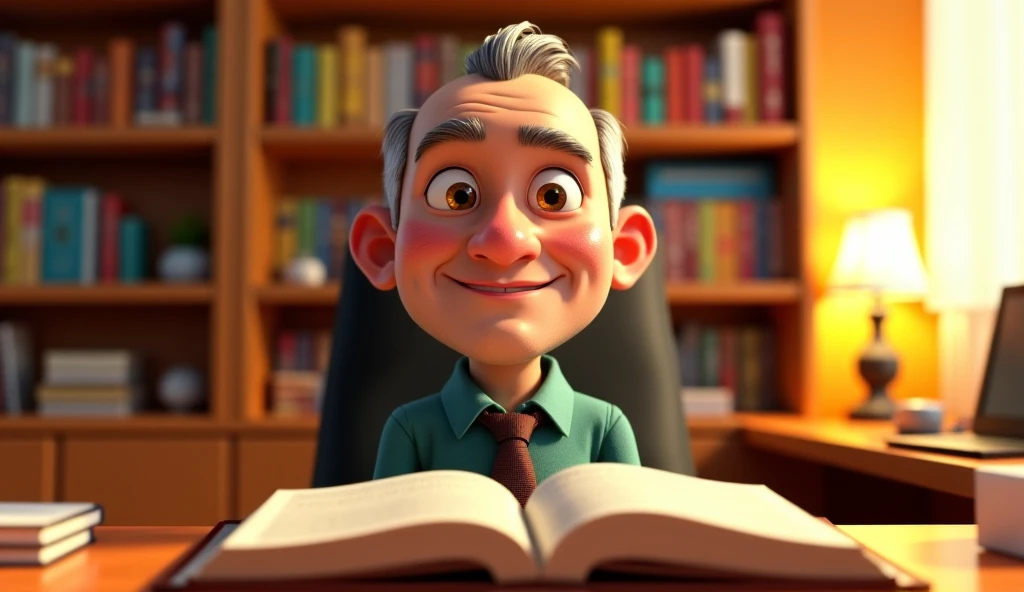 A Pixar-style 3D character of João Marcos, a middle-aged man with a bald head, short straight gray hair, and matching gray eyebrows. He has a wide forehead, fair skin with a soft rosy tone on his cheeks, a triangular yet slightly rounded face, honey-colored eyes that are slightly wide open, a small mouth with thin lips, and a rounded nose tip. João is seated in a vibrant, warmly lit office, behind a desk with an open Bible on it. His face is turned directly toward the viewer, with a cheerful and approachable expression. The office background features colorful details such as a bookshelf, a desk lamp emitting a soft glow, and other small office accessories. The image emphasizes smooth textures, vivid colors, and whimsical 3D character design, with realistic lighting and shadows typical of Pixar animation.
