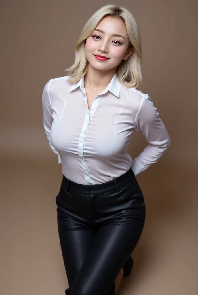 A woman,  sitting on floor legs bent forward ,  hands behind body , whole body,  using formal shirt color white ,  bottom black leather trousers, black formal women's shoes, lips red color black , smiling beautiful ,  long hair color white 