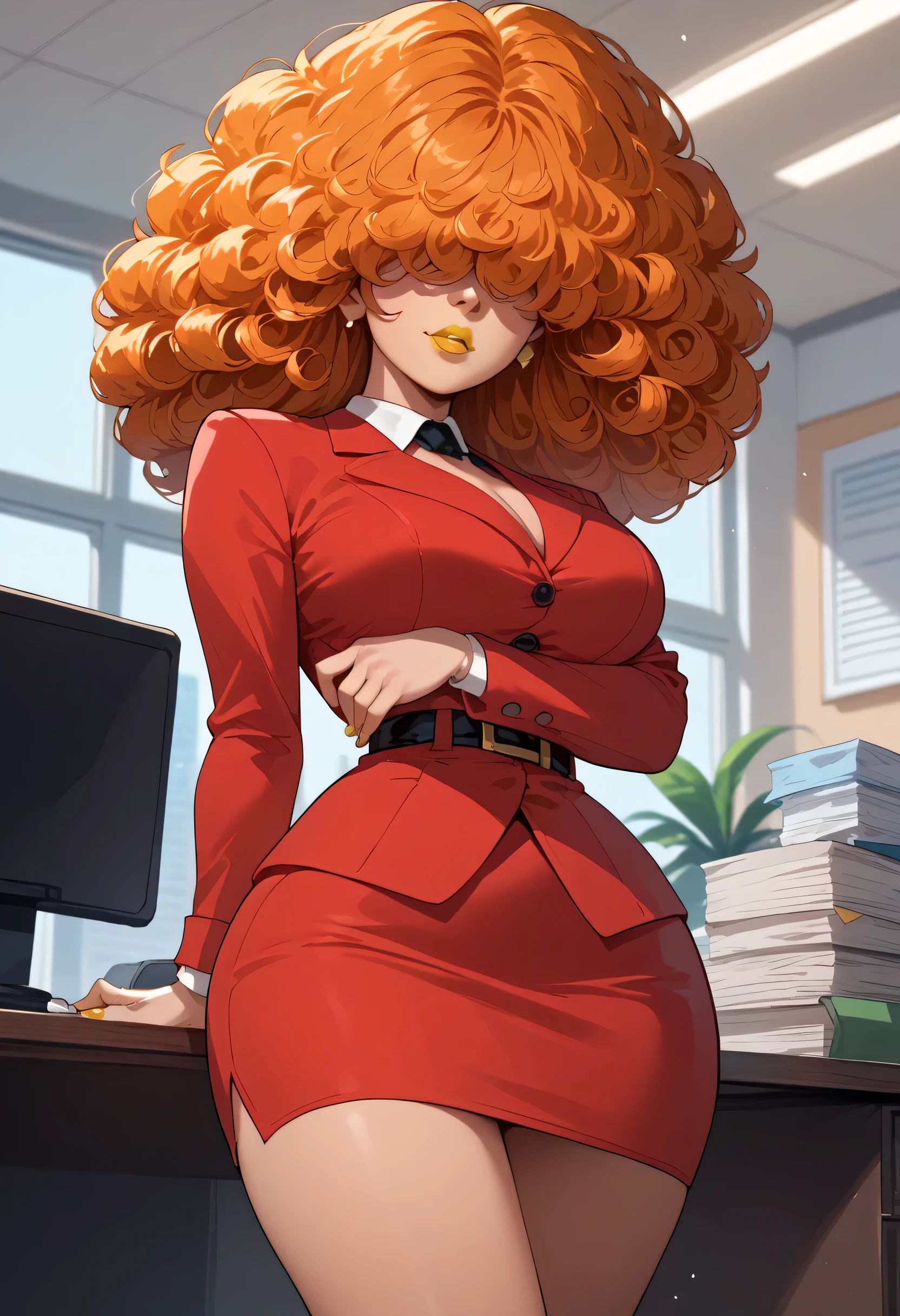 woman, big breasts, yellow lipstick, anime style, orange hair, white skin, red suit, office, hair covering eyes, big hair, curly hair, Sarah Bello, Powerpuff Girls 