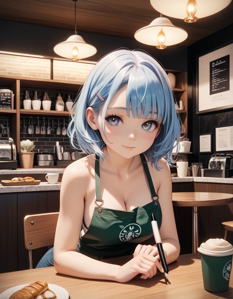 Solo, Anime style, extremely detailed, Young pale white small Girl with gradient blue hair, flirting, at night, barista, cafeteria, cleaning up a table, tiny thin clothes, lively eyes, detailed face, short, small frame, elegant, delicate, cute, giant boobs, huge boobs, round boobs, cleavage, perfect well defined muscular thin body, detailed, hd, 4k, perfect face, detailed anatomy, detailed sex, perfect body, full body, thigh gap