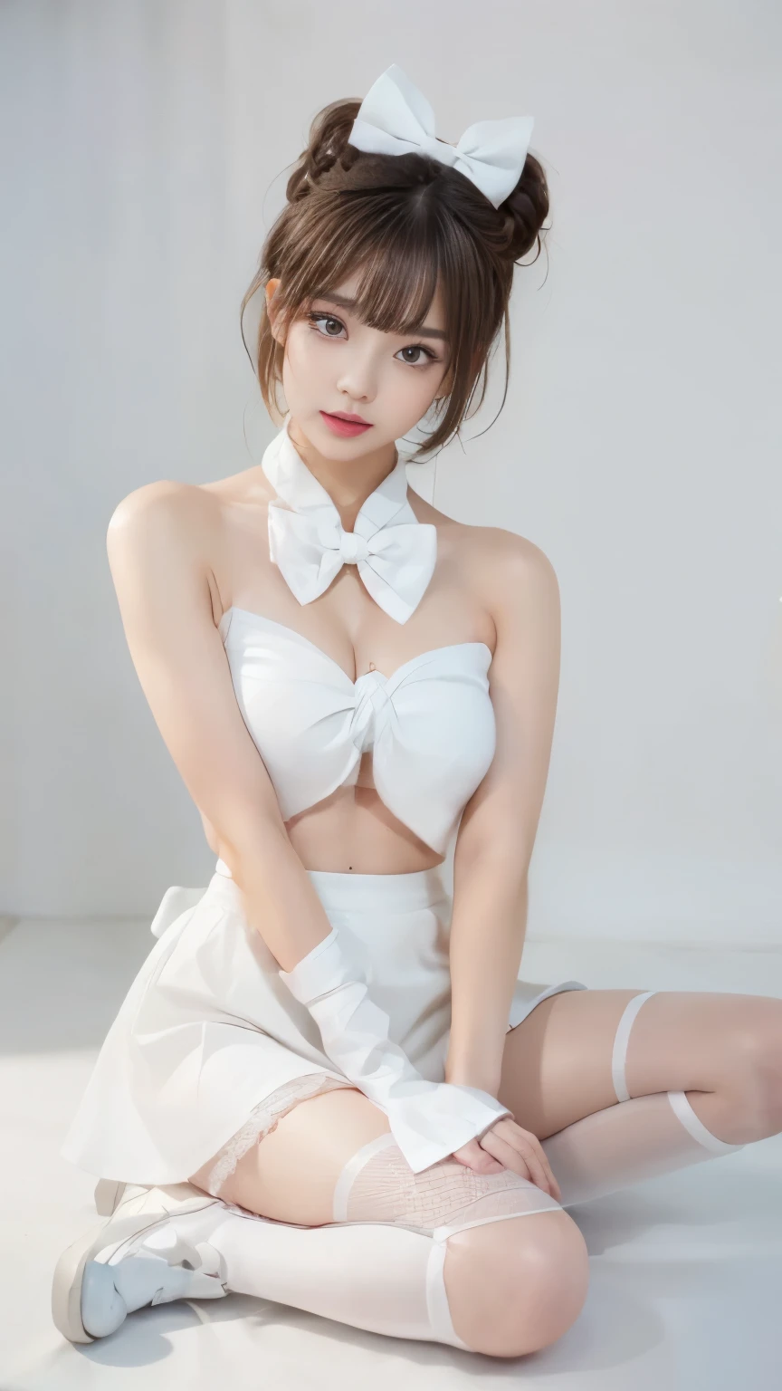 The body is completely normal.,girl, short skirt,white platform boots,Platform Apartment,((white stockings)),((Masterpiece, best quality, High resolution)), Very detailed 8K, beautiful girl with , (Hyper HD, Very fine, เนื้อหามีรายVery fine, Very realistic, Surreal, Live photos), (1 woman,bow:1.5), (realistic brown), short hair details,bow,Hair pins, (Dynamic camera poses,, Beautiful and delicate face,slightly open, beautiful eyes),, glow,