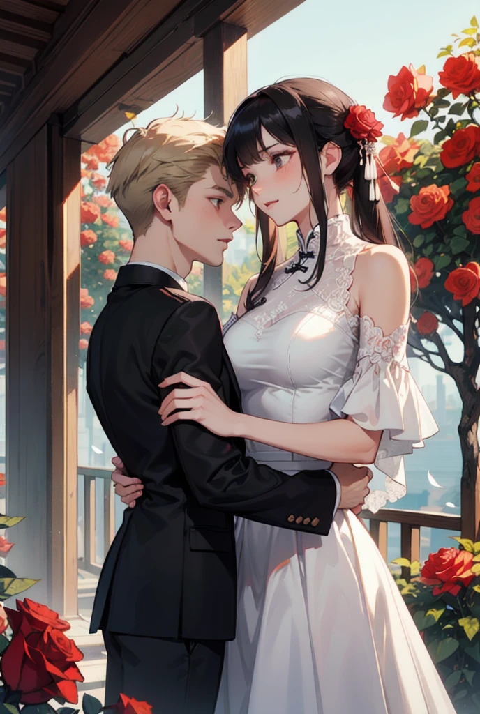 This image depicts a romantic story between two women standing together in a garden full of vibrant red roses, symbolizing deep love and passion. The main female character wears an elegant red Chinese-inspired dress with delicate lace details and an off-shoulder design, exuding grace, confidence, and charm, while her sharp, expressive eyes enhance her striking personality. The woman standing protectively behind her wears a sleek, minimalist black outfit that radiates elegance and strength, with a composed yet captivating expression and warm, reliable eyes, conveying protection and stability. The backdrop features traditional Chinese architecture, adding depth and cultural richness to the scene, while the blooming red roses amplify the romantic atmosphere, with vivid colors enhancing the warmth and emotional depth of their love.

