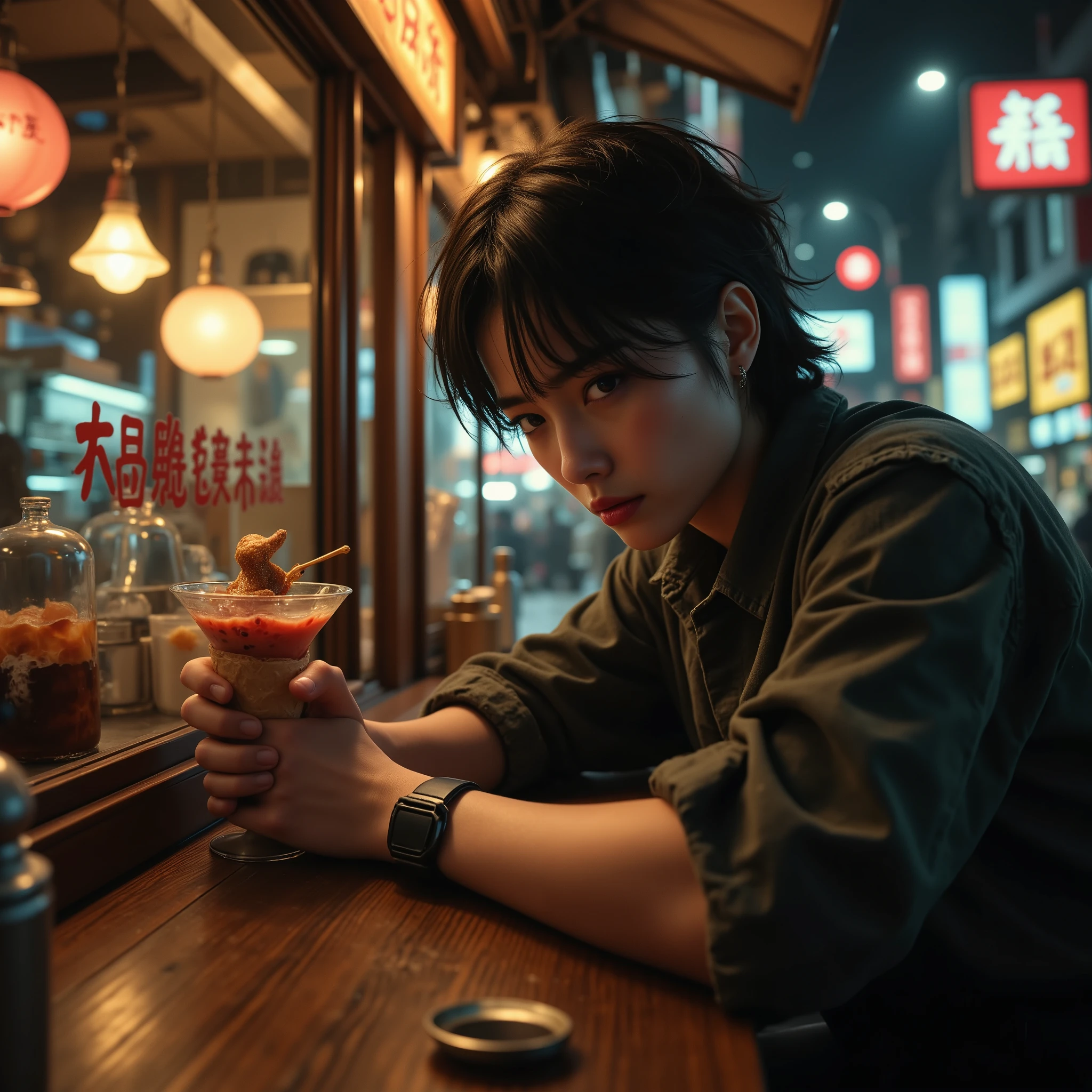 ung man\(scar on cheek,intense expression,aidmafluxpro1.1, resting her head on a wooden table, holding a cocktail cone in one hand and an vodka glass in the other hand, messy posture,dangerous aura\), background\((china Street Food Stall),The sign on the shop reads "don't want to work",Lively night cityscape, bright light from street lamps \),warm and rich tones, intricate details, dramatic lighting,humorous and casual atmosphere, realistic photo style,high-quality, detailed