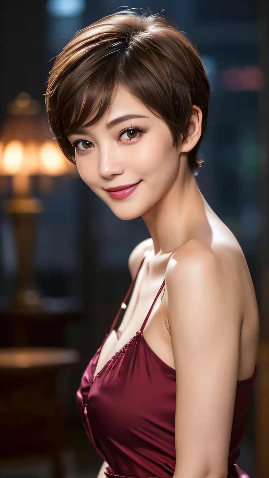  very detailed,  Masterpiece ,  top quality, (( photorealistic:1.2)), (( Perfect Skinny Body :1.2))、Super skinny 30-year-old Korean woman, detailed face ,  beautiful detailed eyes 、(( Completely-valid)) 、((saggy saggy breasts :1.4)), ( slim, toned and beautiful body:1.3)、((Light brown hair 、 pixie cut、Cecil Cut、 asymmetry、 disheveled super short hair:1.3)), graceful and sophisticated 、goddess、(( waist to head ))、((silky burgundy nightgown、race))、((dark slum background ))、(( Fresh Smile :1.2))、(( Professional Cool Lighting))、 、 from side