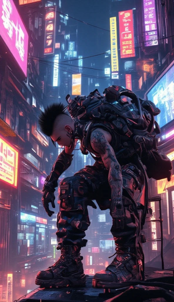 This cyberpunk-inspired image depicts a young individual with a striking appearance, crouched on a high platform amidst the neon-lit urban landscape of a futuristic city. They have a distinctive mohawk hairstyle and various tattoos visible on their exposed arms, giving them a rebellious, edgy aesthetic. 

The figure is dressed in dark, utilitarian-style clothing, including a heavy backpack, tactical pants, and sturdy boots. This combination of fashion elements suggests a sense of practicality and functionality, potentially hinting at the individual's involvement in some kind of specialized or covert activity within this cyberpunk setting.

The surrounding environment is vibrant and visually striking, with neon signs and vibrant colors illuminating the narrow alleyways and creating an immersive, futuristic atmosphere. The layered architecture and the presence of various technological elements contribute to the overall cyberpunk aesthetic, evoking a sense of a dystopian, high-tech urban landscape.

The pose of the figure, leaning forward with their hands gripping the edge of the platform, conveys a sense of focus, determination, and even a slight predatory quality, as if they are observing or preparing to act within this futuristic cityscape. The overall composition and the subject's attire and posture suggest a narrative of an individual navigating and potentially influencing the intricate and intriguing cyber-infused world they inhabit.