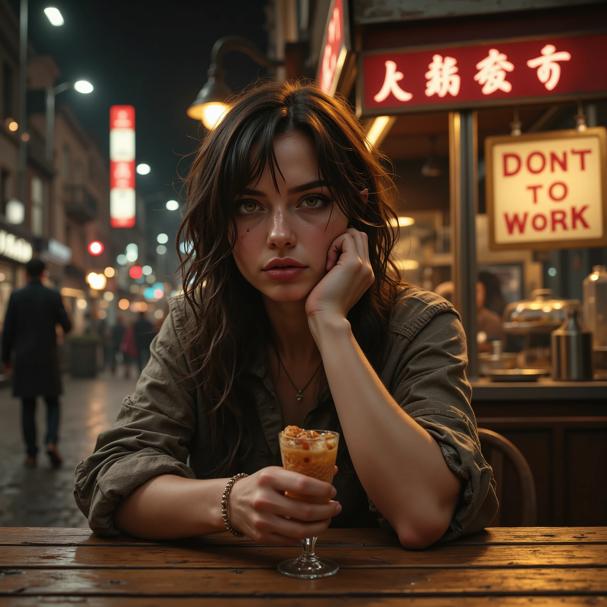 1young man\(scar on cheek,intense expression,aidmafluxpro1.1, resting her head on a wooden table, holding a cocktail cone in one hand and an vodka glass in the other hand, messy posture,dangerous aura\), background\((Street Food Stall),The sign on the shop reads "don't want to work",Lively night cityscape, bright light from street lamps \),warm and rich tones, intricate details, dramatic lighting,humorous and casual atmosphere, realistic photo style,high-quality, detailed