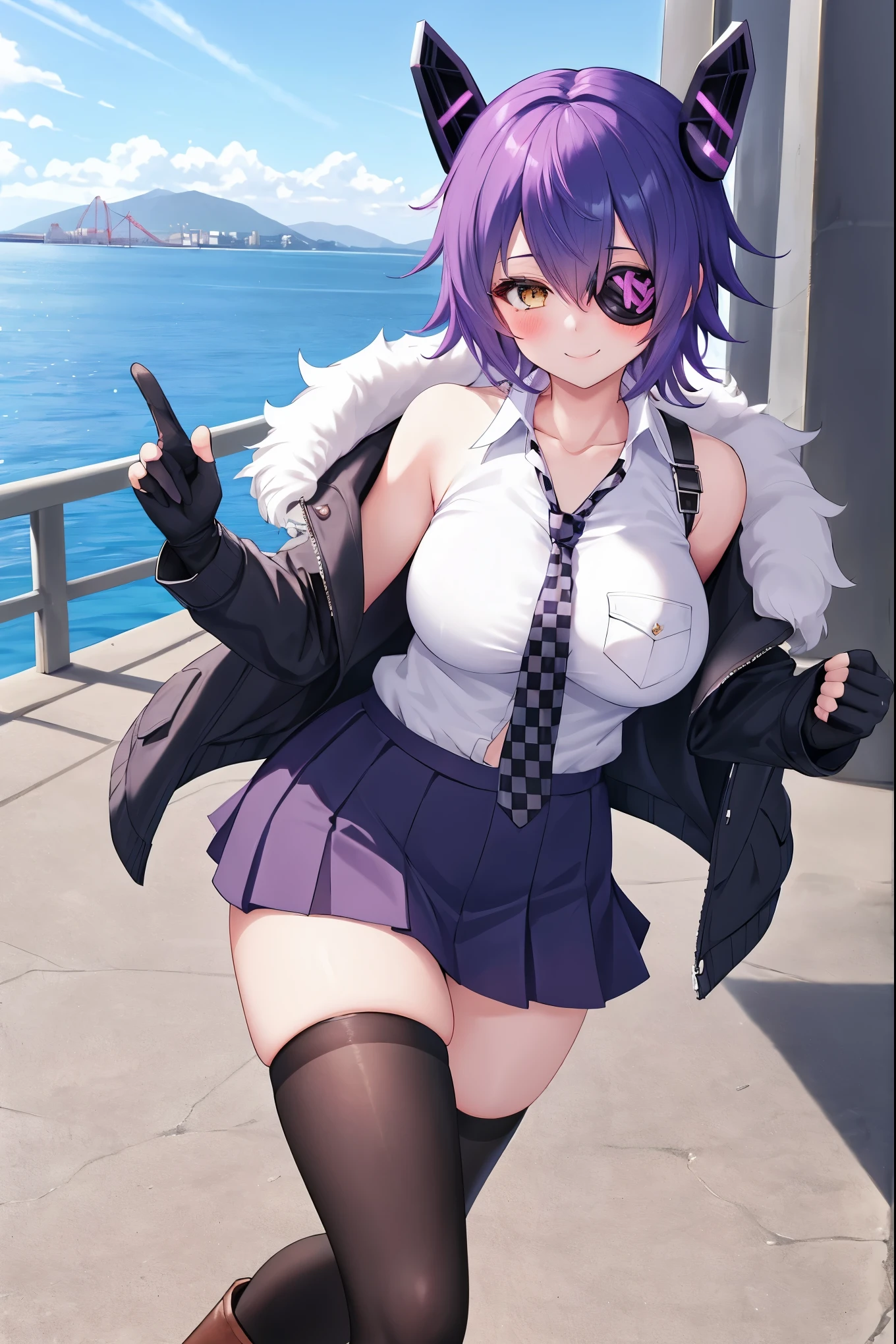 best quality, masterpiece, solo, {tenryuu_kantaicollection:1.}, teirl, eyepatch, short_hair, purple_hair, yellow_eyes, headgear, breasts, necktie, large_breasts, smile, 1girl, blush, checkered_necktie, hair_over_one_eye, shirt, collared_shirt, white_shirt, jacket, sleeveless, brown_eyes, fur-trimmed_jacket, fur_trim, collarbone, looking_at_viewer, pocket, breast_pocket, ,, messy_hair, black_gloves, gloves, partially_fingerless_gloves,harbor_road_landscape_background,outdoor,short_skirt,thigh-highs,boots,sunlight,from_below