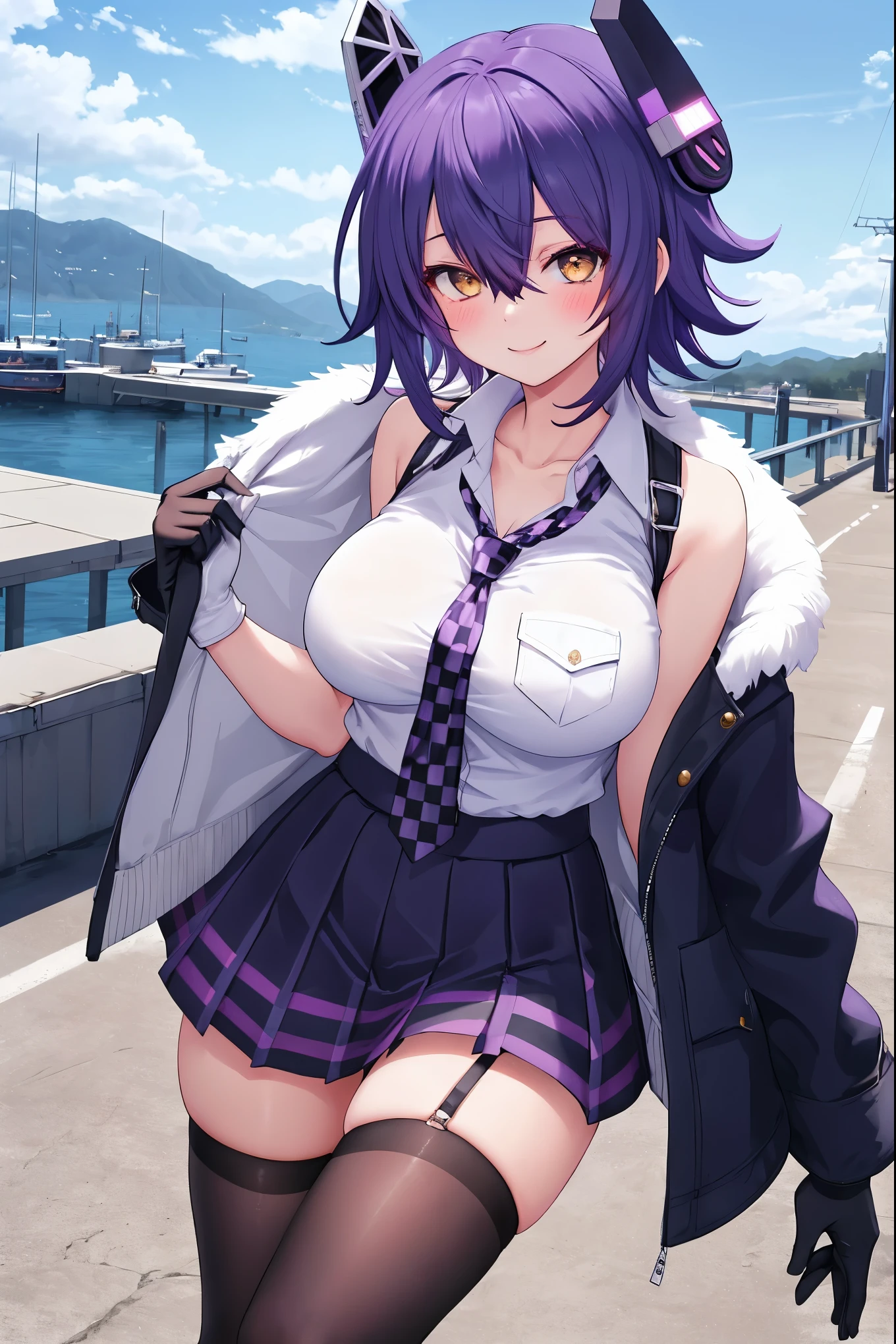 best quality, masterpiece, solo, {tenryuu_kantaicollection:1.}, teirl, eyepatch, short_hair, purple_hair, yellow_eyes, headgear, breasts, necktie, large_breasts, smile, 1girl, blush, checkered_necktie, hair_over_one_eye, shirt, collared_shirt, white_shirt, jacket, sleeveless, brown_eyes, fur-trimmed_jacket, fur_trim, collarbone, looking_at_viewer, pocket, breast_pocket, ,, messy_hair, black_gloves, gloves, partially_fingerless_gloves,harbor_road_landscape_background,outdoor,short_skirt,thigh-highs,boots,sunlight,from_below