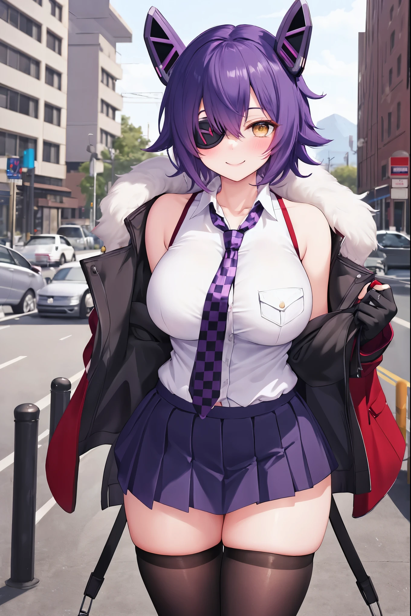 best quality, masterpiece, solo, {tenryuu_kantaicollection:1.}, teirl, eyepatch, short_hair, purple_hair, yellow_eyes, headgear, breasts, necktie, large_breasts, smile, 1girl, blush, checkered_necktie, hair_over_one_eye, shirt, collared_shirt, white_shirt, jacket, sleeveless, brown_eyes, fur-trimmed_jacket, fur_trim, collarbone, looking_at_viewer, pocket, breast_pocket, ,, messy_hair, black_gloves, gloves, partially_fingerless_gloves,harbor_road_landscape_background,outdoor,short_skirt,thigh-highs,boots,sunlight,from_below