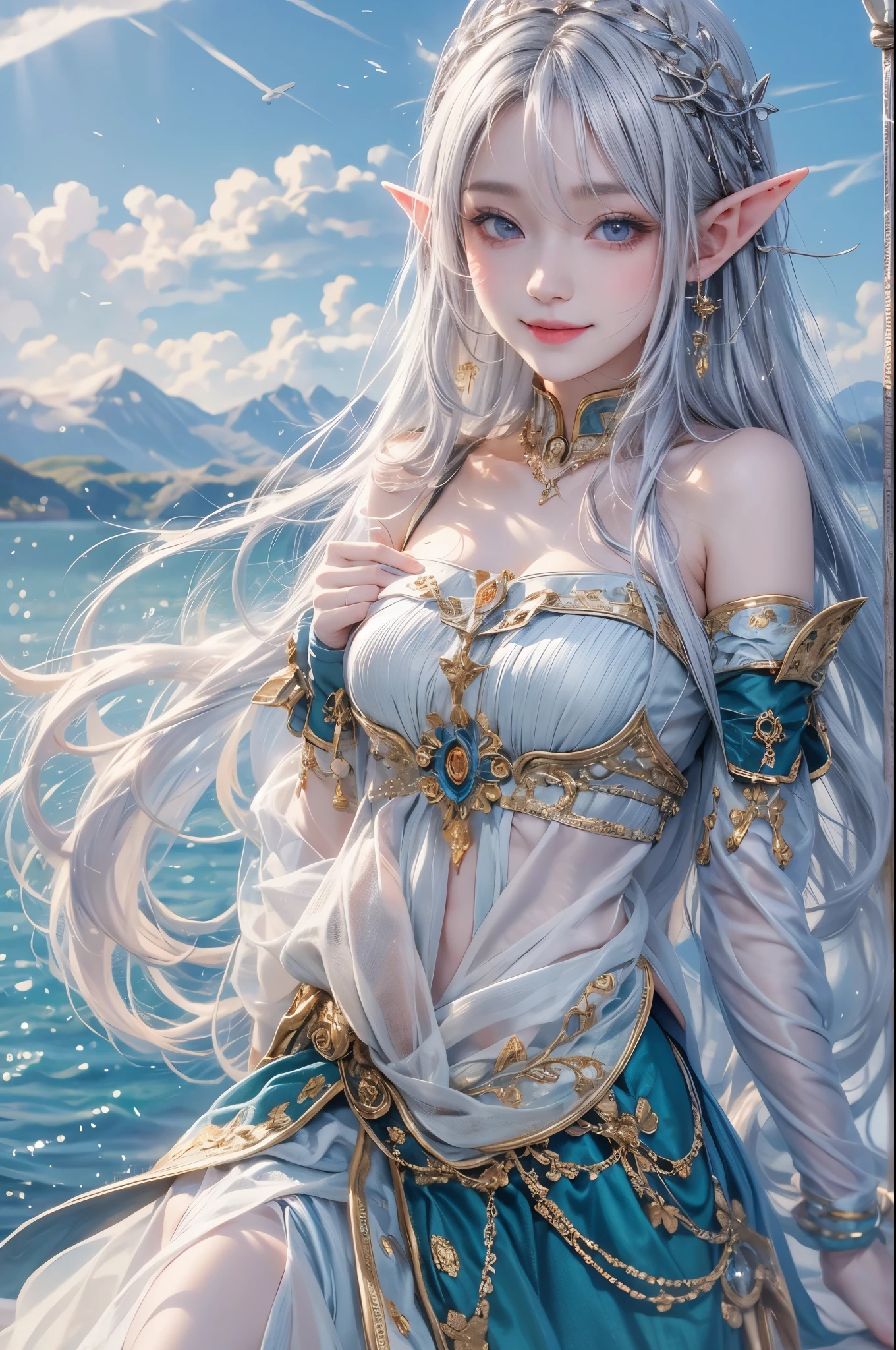 (master piece),(4k),high quality, small breasts,1girl,elf,long silver hair,pale skin,smile,white and blue costume,lakeside,(beautiful fantasy anime),film Lighting
