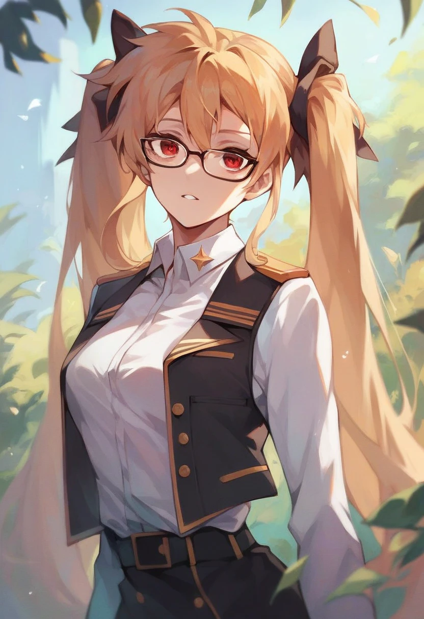 glow,masterpiece, beautiful, 4K, best quality, oil painting portrait style, cute face, big breasts, blonde,high ponytail,pointed ears,round frame glasses,wide hips, Pouting expression, pantyhose, bunnygirl