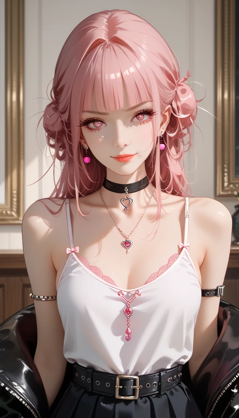 Surrealism, 8k, super detail, UHD, masterpiece, super detail, high details, high quality, best quality, highres, 1080P, HD, perfect anatomy human, anatomically correct, mature girl, 1girl, (solo), cute, sweet, long hair, pink hair, pink eyes, double bun, hime cut bangs, black choker, necklace, ear piercing, piercings, armlet, thighlet, (smokey eyes), arms gloves, gothic, goth girl, s-shaped eyebrows, hunter eyes, light smile, small breasts, spaghetti strap tanktop, skirt, future city tech background 