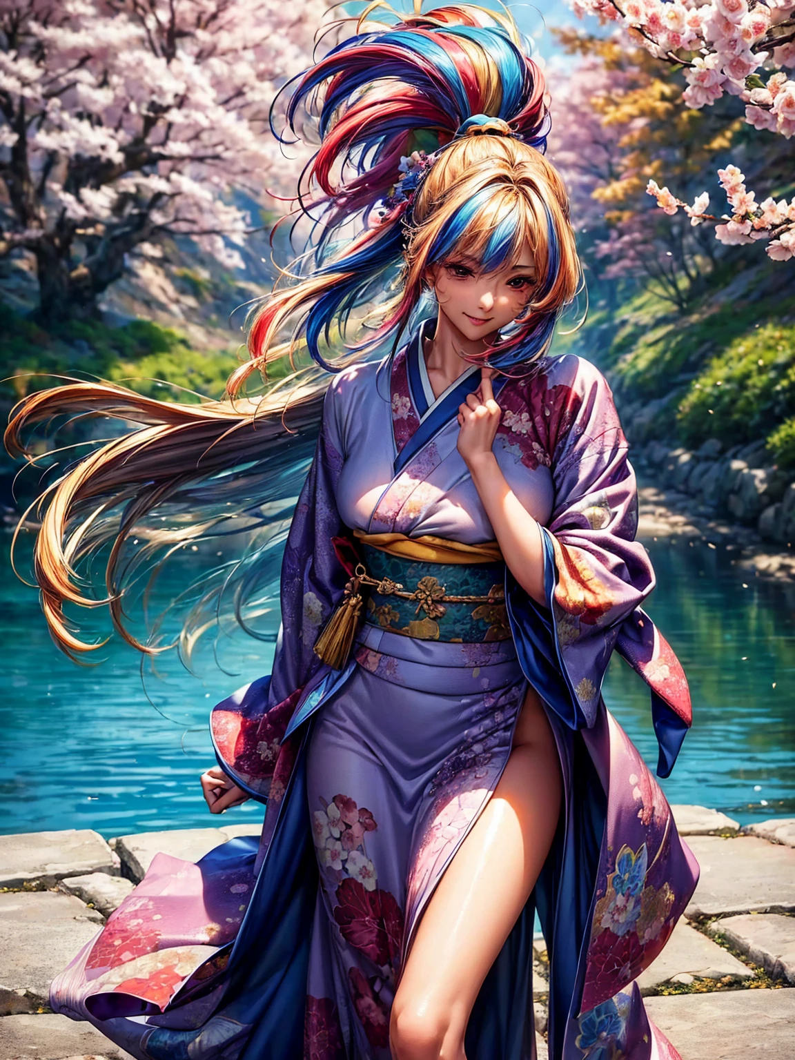 ((( top quality)))、((('s greatest masterpiece)))、Beauty Painting、 8k 、 ultra high quality、1 Female: perfect anatomy, Age 20、  beautiful body、  beautiful breasts、  beautiful faces:smile、 best skin and hair texture  、(( beautiful patterned and colored kimono:The multi-colored ))、The skin is exposed from the kimono 、 chest is visible、Beautiful fountain:Cherry blossom trees、(( the wind is blowing :1.5))、 natural light、 high resolution images、 full picture、
